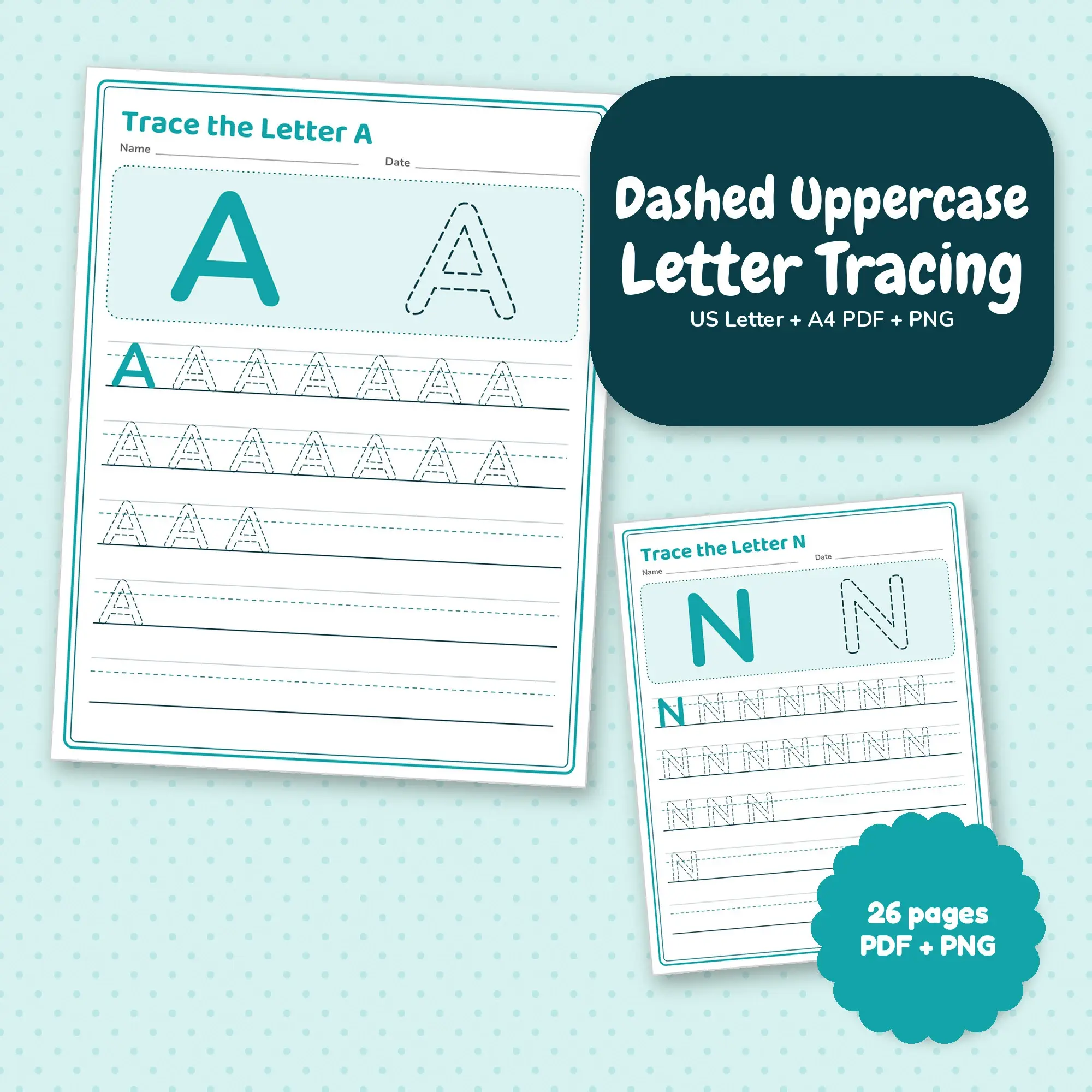 Ocean Teal Dashed Uppercase Letter Tracing, PDF + PNG Printable preview