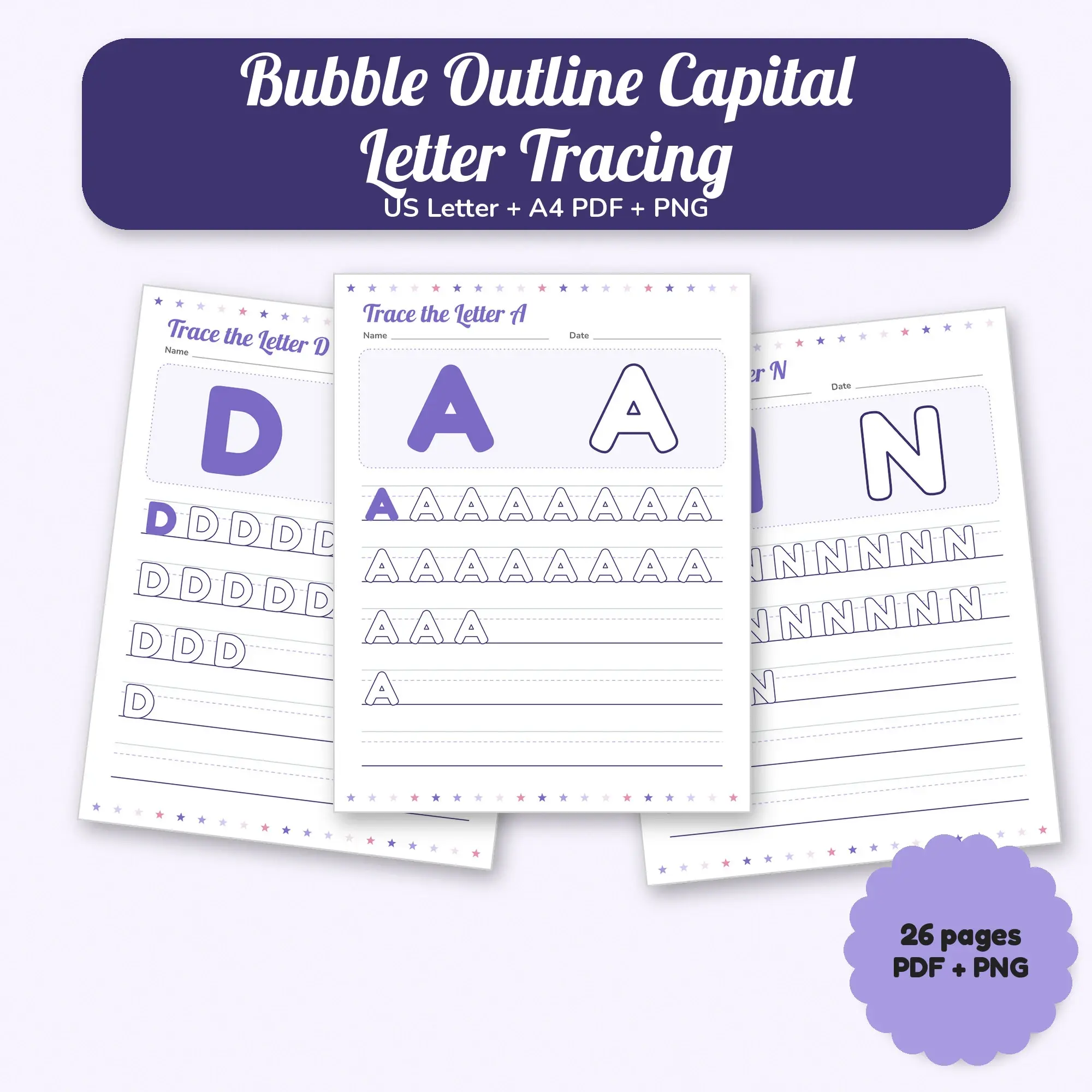 Bubble Outline Capital Letter Tracing: 26 Worksheet Pages, Lavender Lilac Theme PDF PNG preview