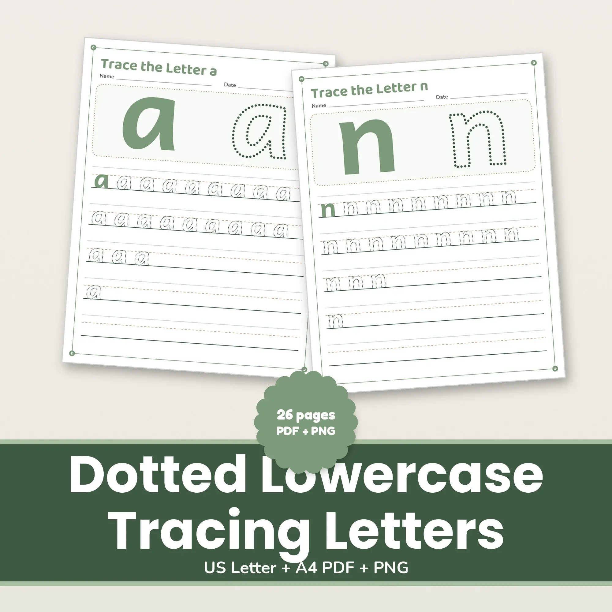 Dotted Lowercase Tracing Letters - 26 Printable Pages US Letter + A4 preview