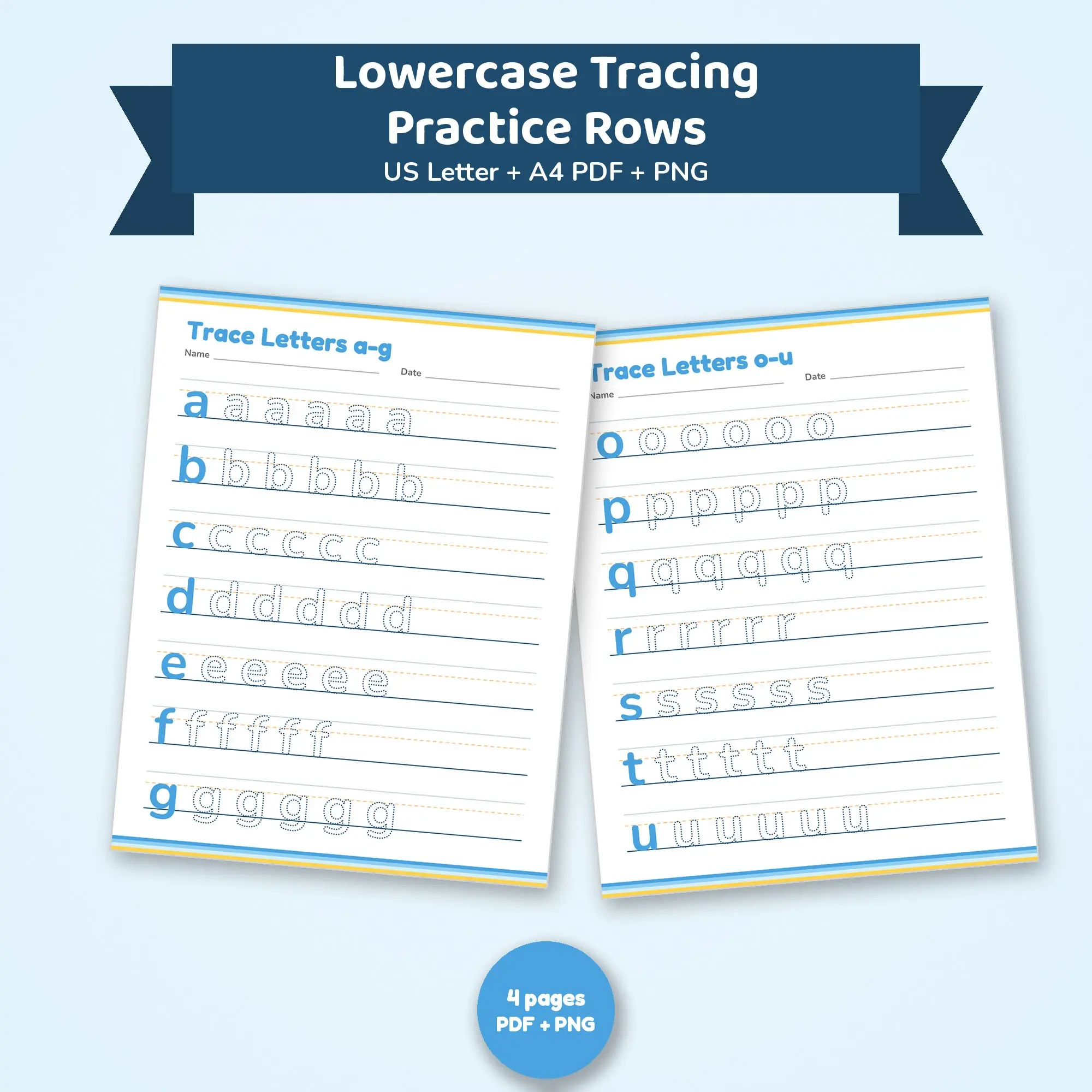 Printable Lowercase Tracing Practice Rows (Sky and Sunshine) US Letter & A4 preview