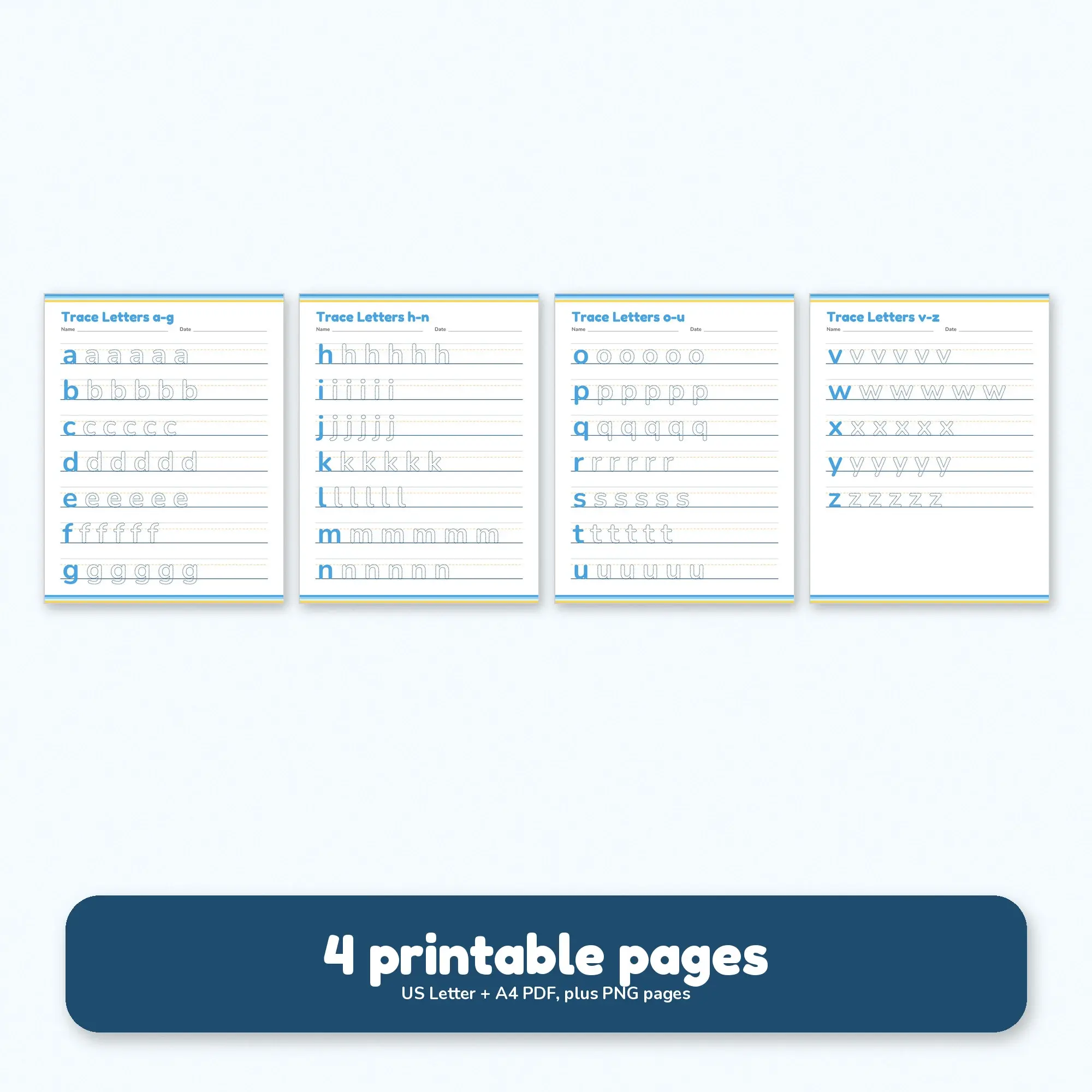 Printable Lowercase Tracing Practice Rows (Sky and Sunshine) US Letter & A4, preview 2 of 2