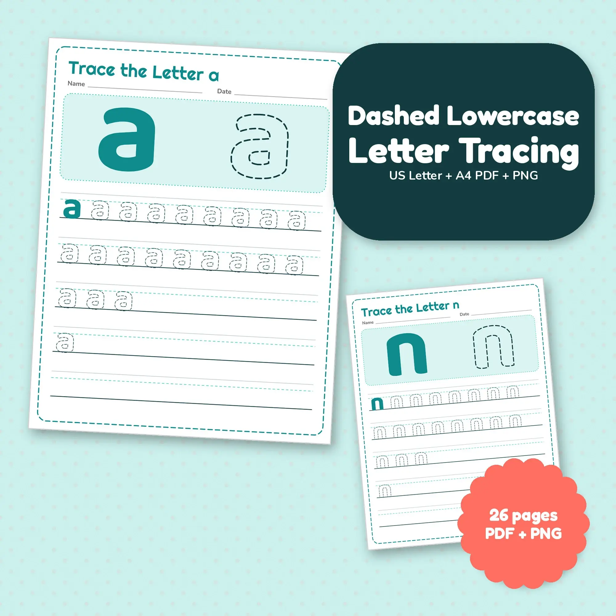 Coral Reef Dashed Lowercase Letter Tracing, PDF + PNG Printable preview