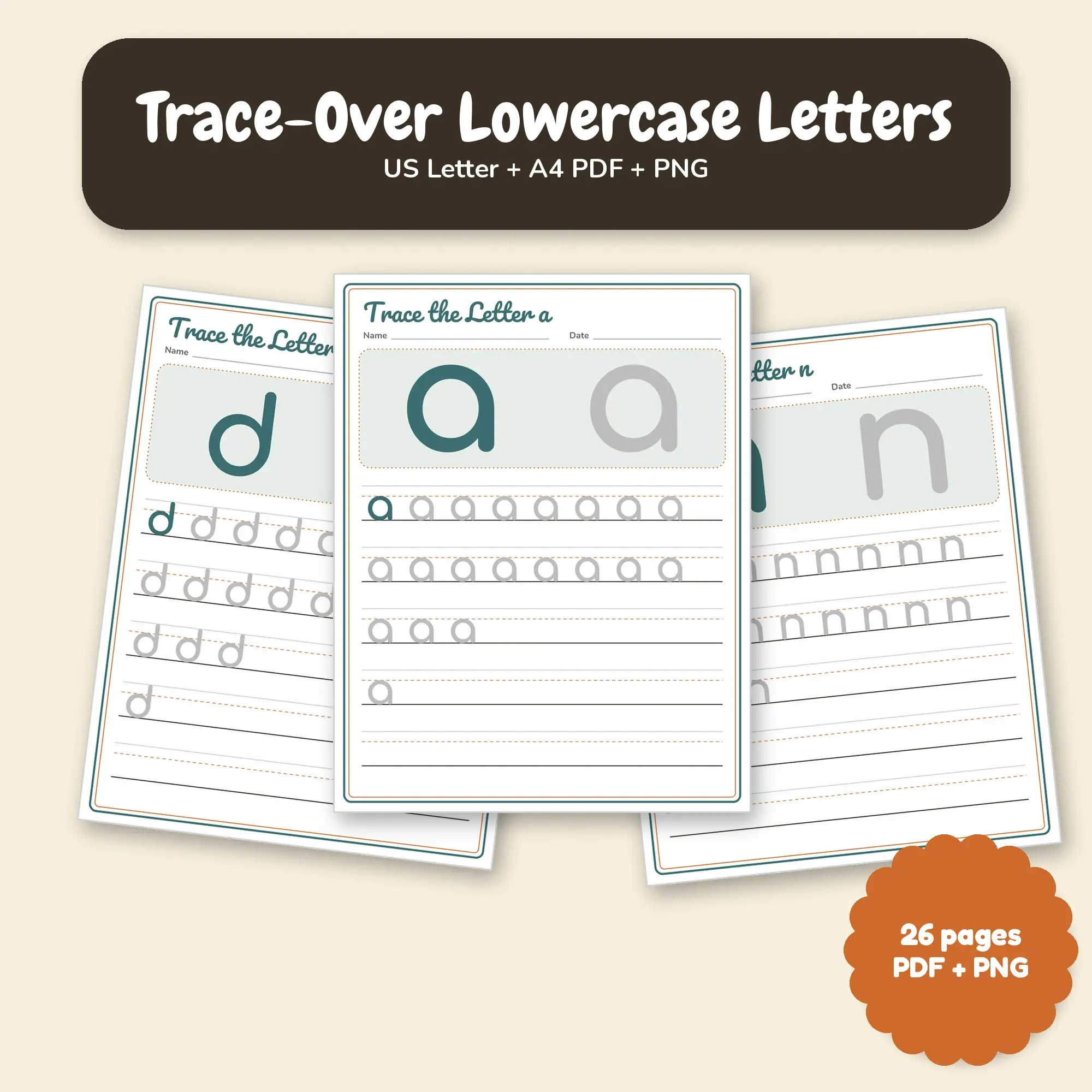 Trace-Over Lowercase Letters: 26 Worksheet Pages, Retro Mustard Theme PDF PNG preview