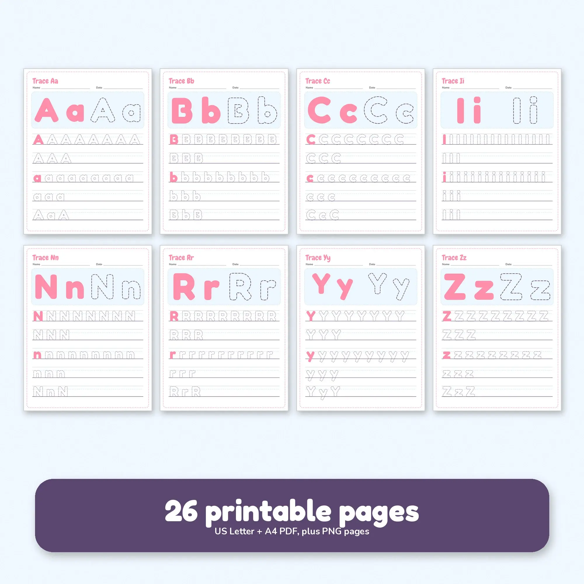 Candy Shop Dashed Aa-Zz Letter Pair Tracing, PDF + PNG Printable, preview 2 of 2