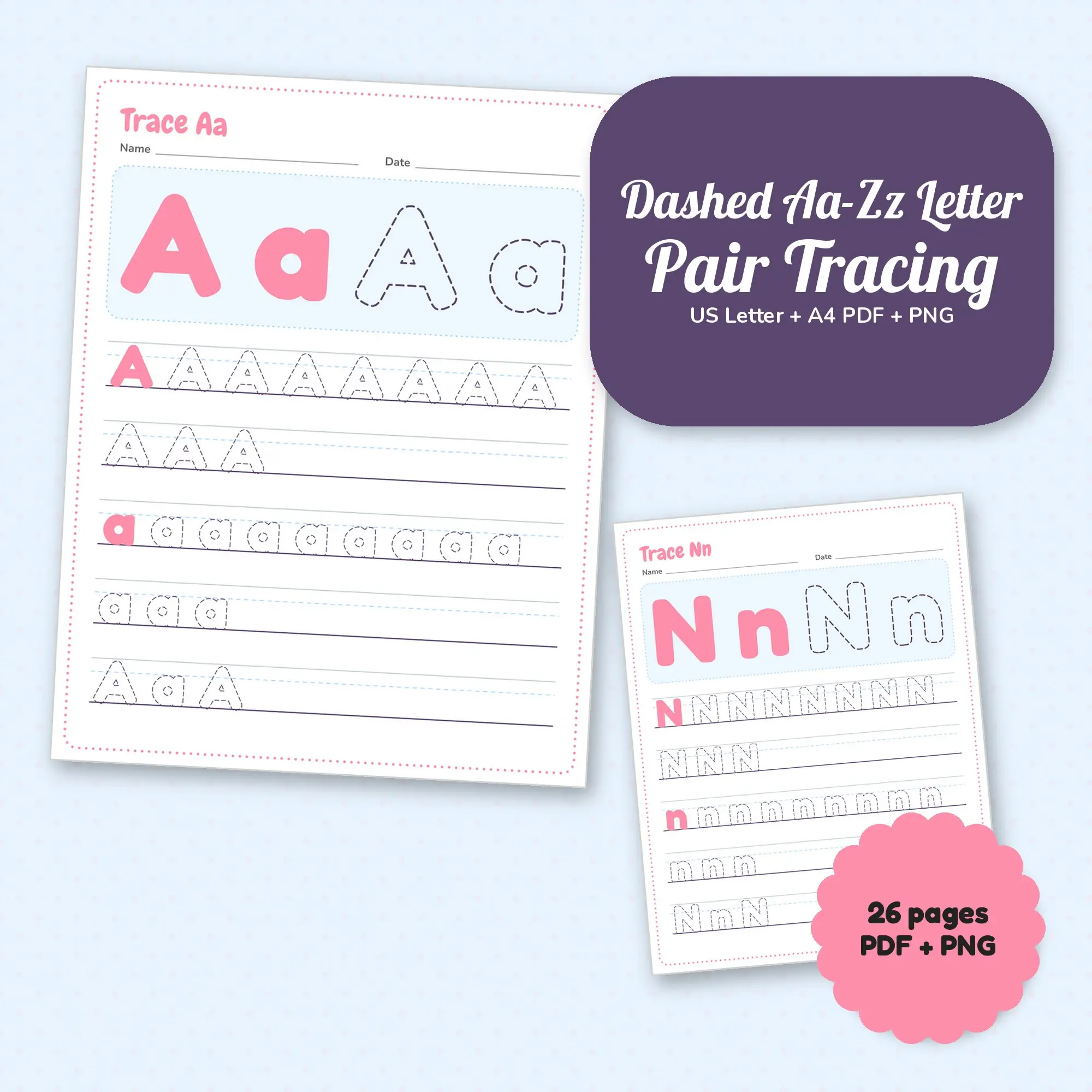 Candy Shop Dashed Aa-Zz Letter Pair Tracing, PDF + PNG Printable, preview 1 of 2