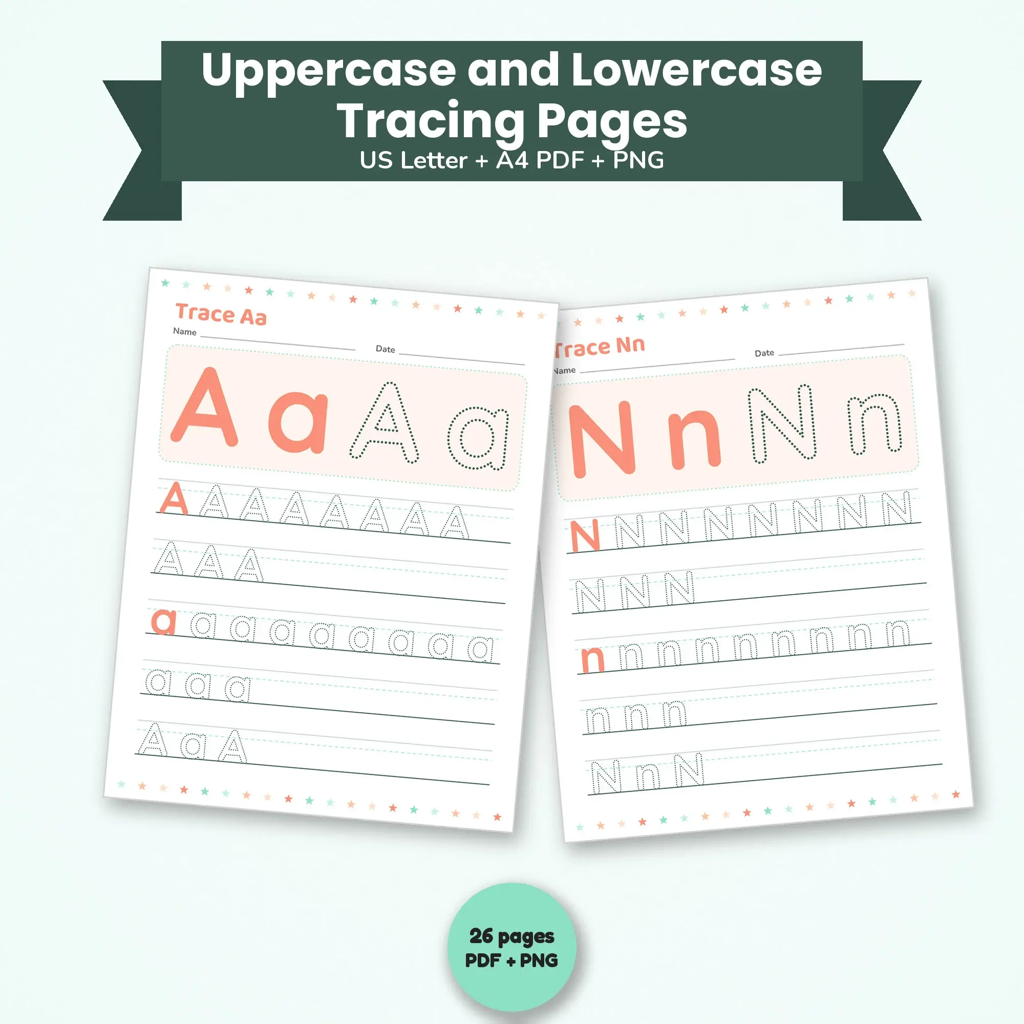 Printable Uppercase and Lowercase Tracing Pages (Mint and Peach) US Letter & A4 preview