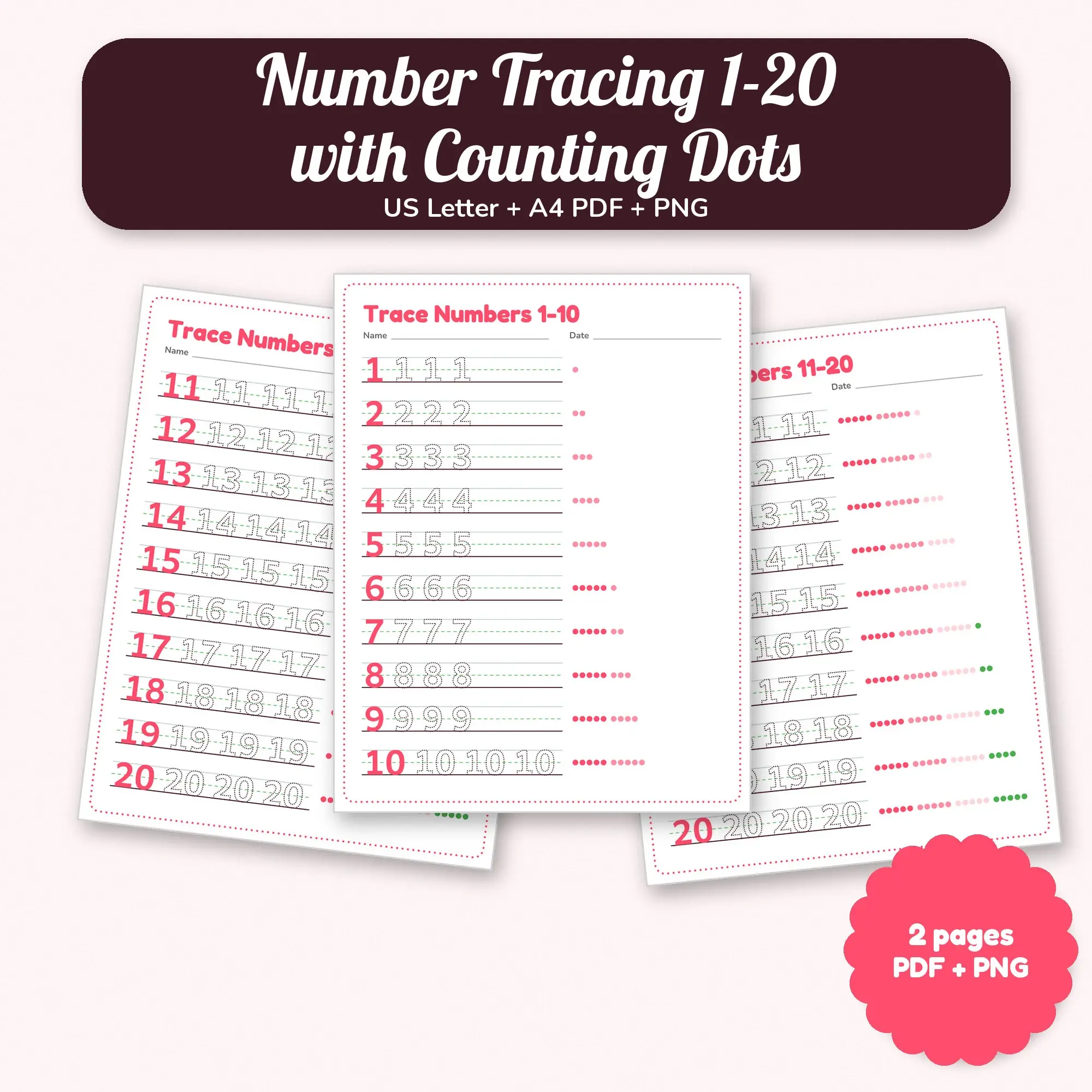 Number Tracing 1-20 with Counting Dots: 2 Worksheet Pages, Watermelon Pop Theme PDF PNG preview