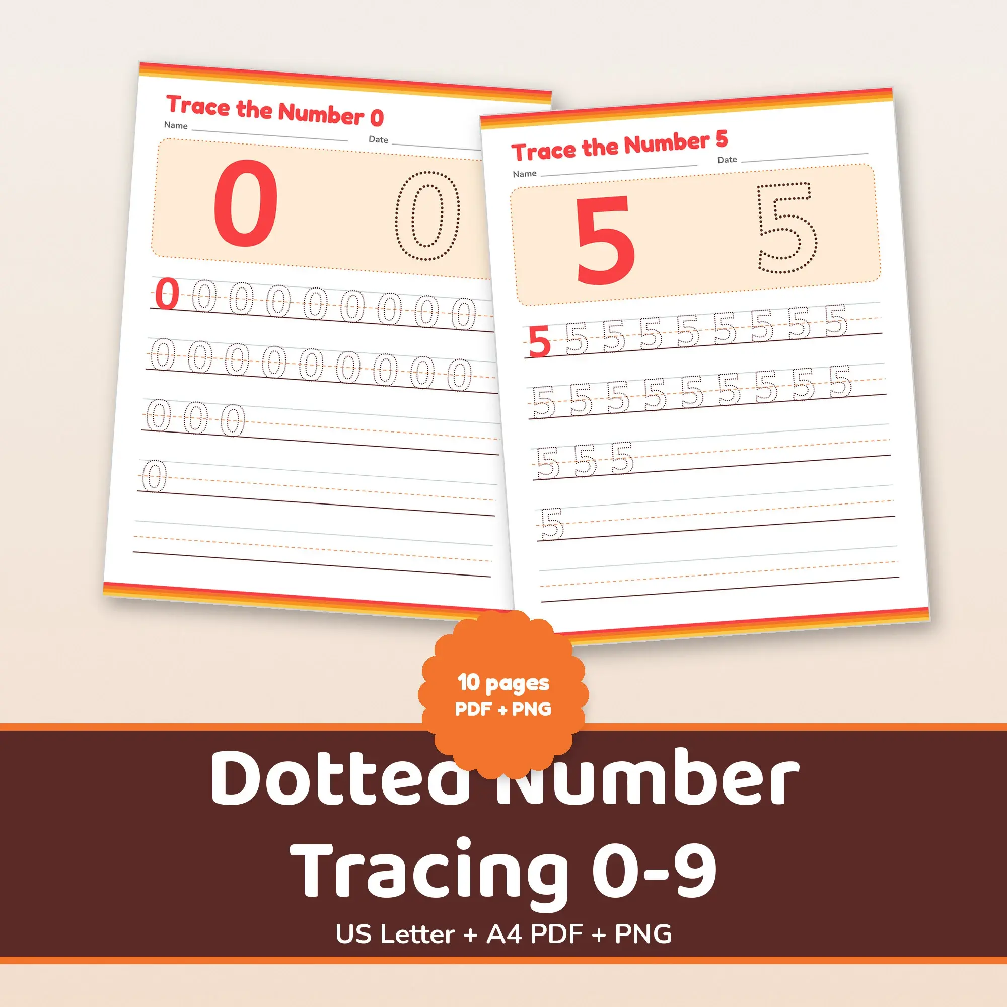 Dotted Number Tracing 0-9 - 10 Printable Pages US Letter + A4 preview