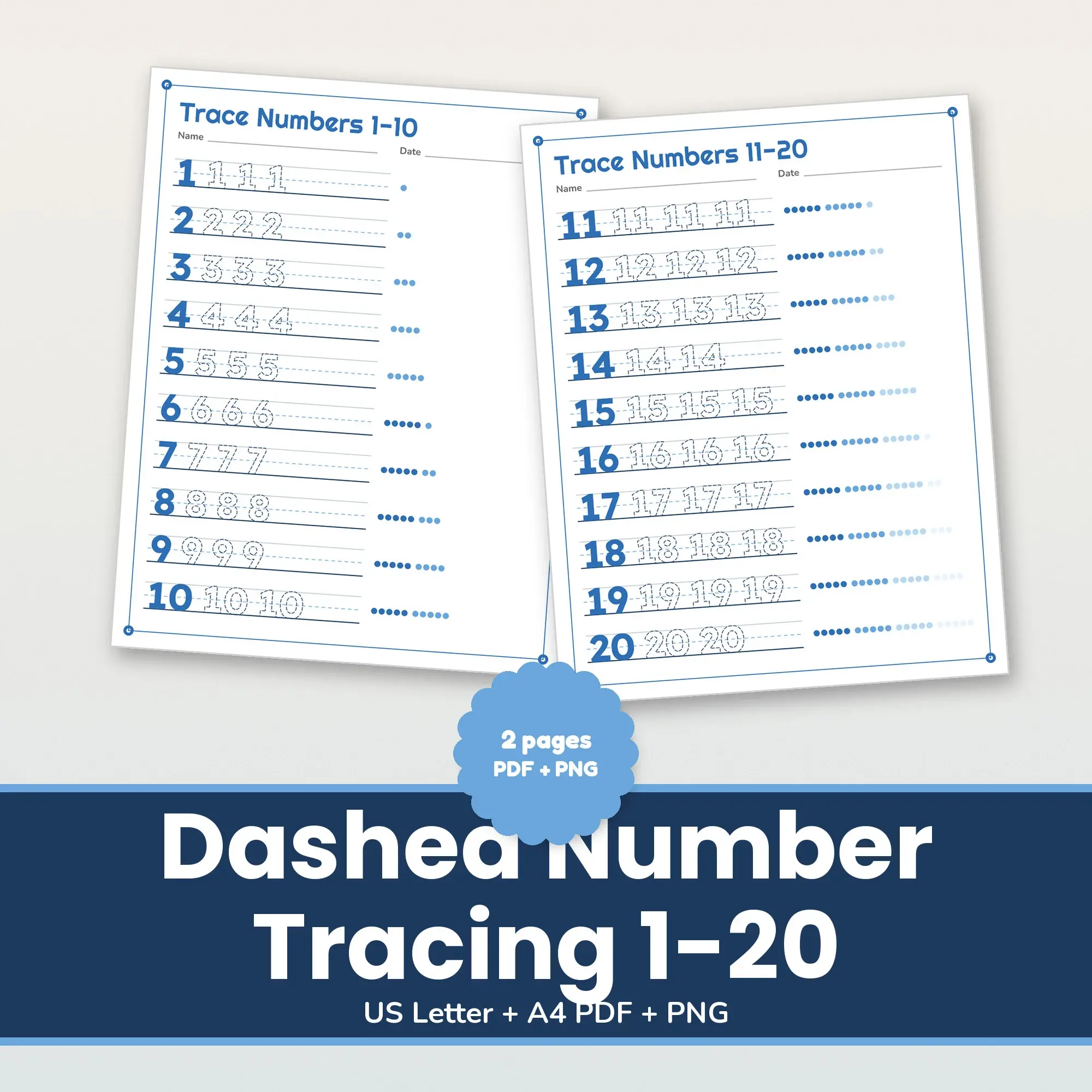 Dashed Number Tracing 1-20 - 2 Printable Pages US Letter + A4 preview