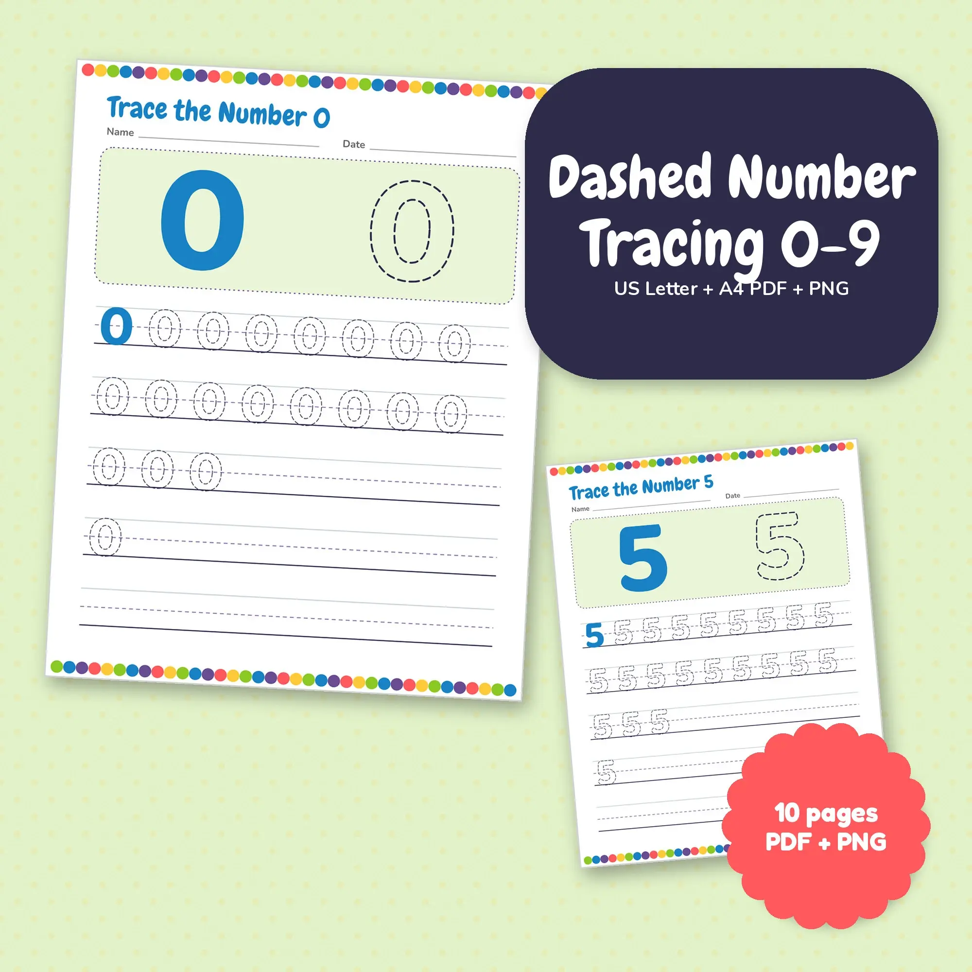 Tropical Punch Dashed Number Tracing 0-9, PDF + PNG Printable preview
