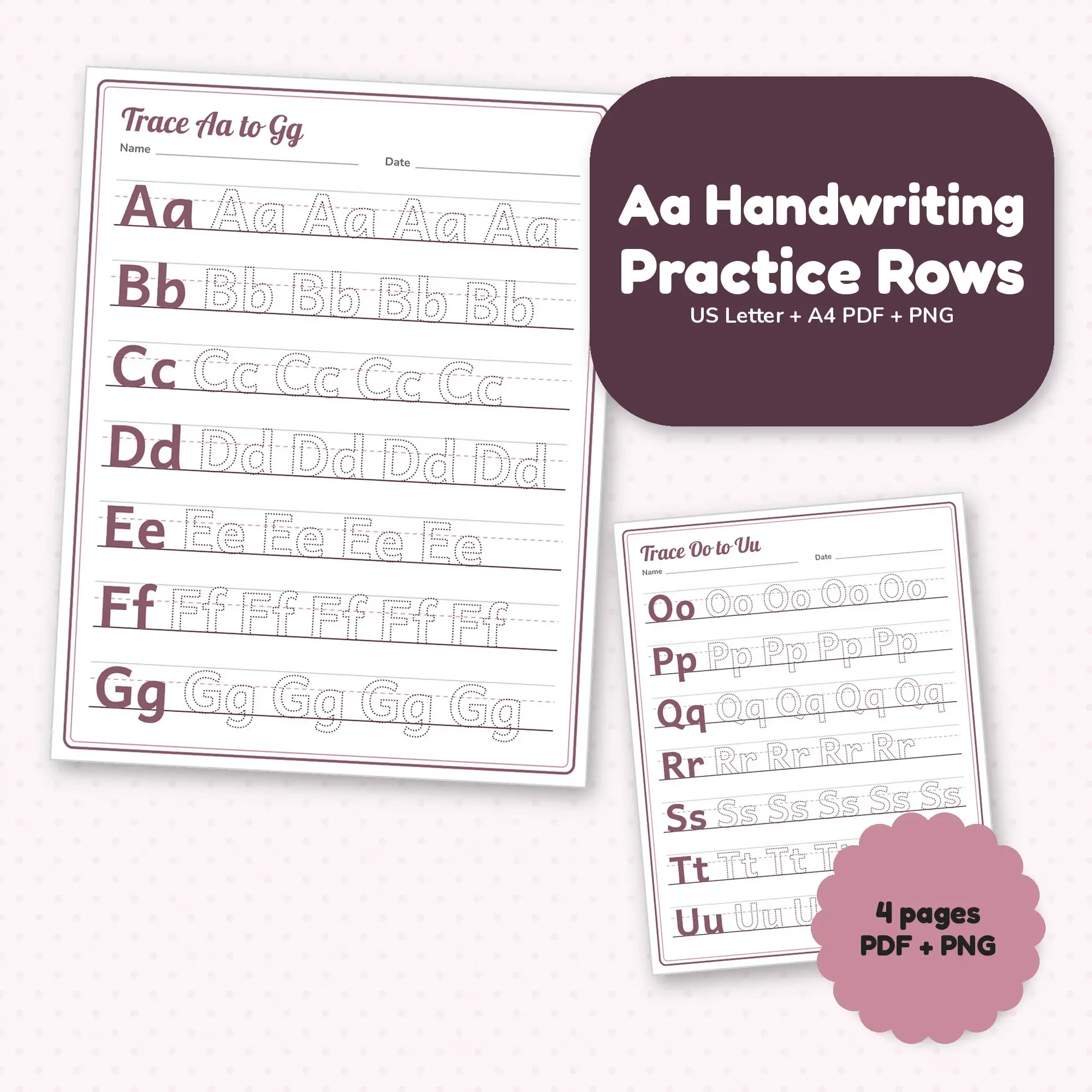 Dusty Rose Aa Handwriting Practice Rows, PDF + PNG Printable preview