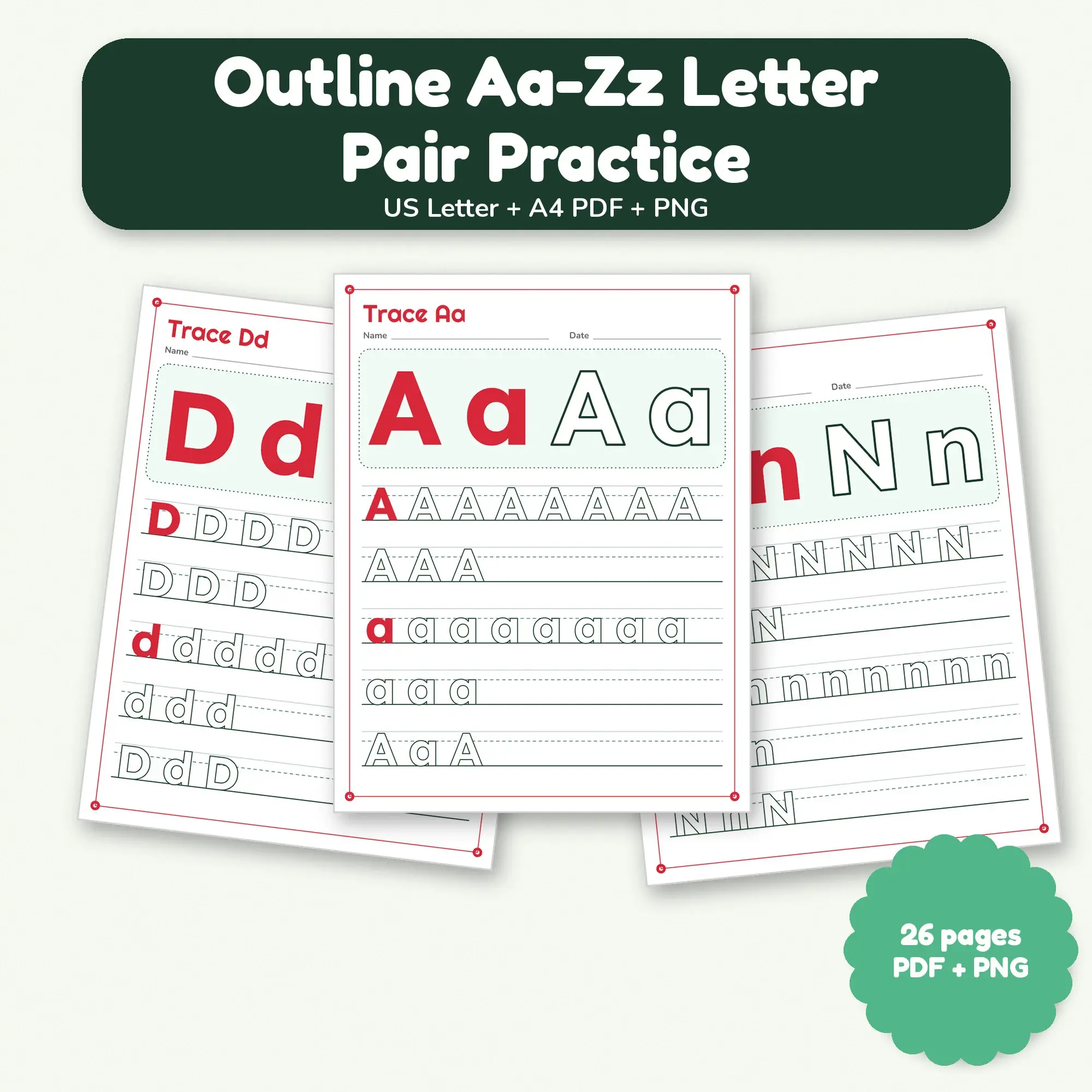 Outline Aa-Zz Letter Pair Practice: 26 Worksheet Pages, Forest and Berry Theme PDF PNG preview