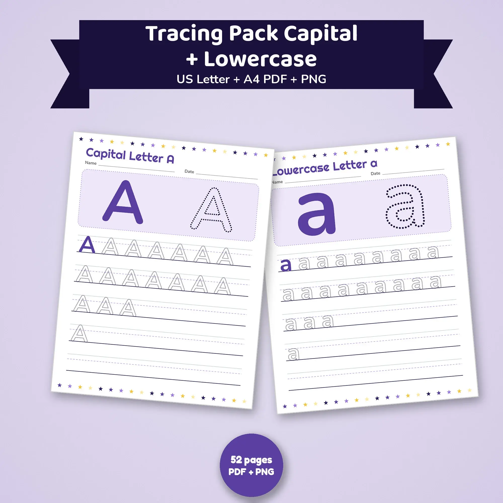 Printable Tracing Pack Capital + Lowercase (Galaxy Purple) US Letter & A4 preview