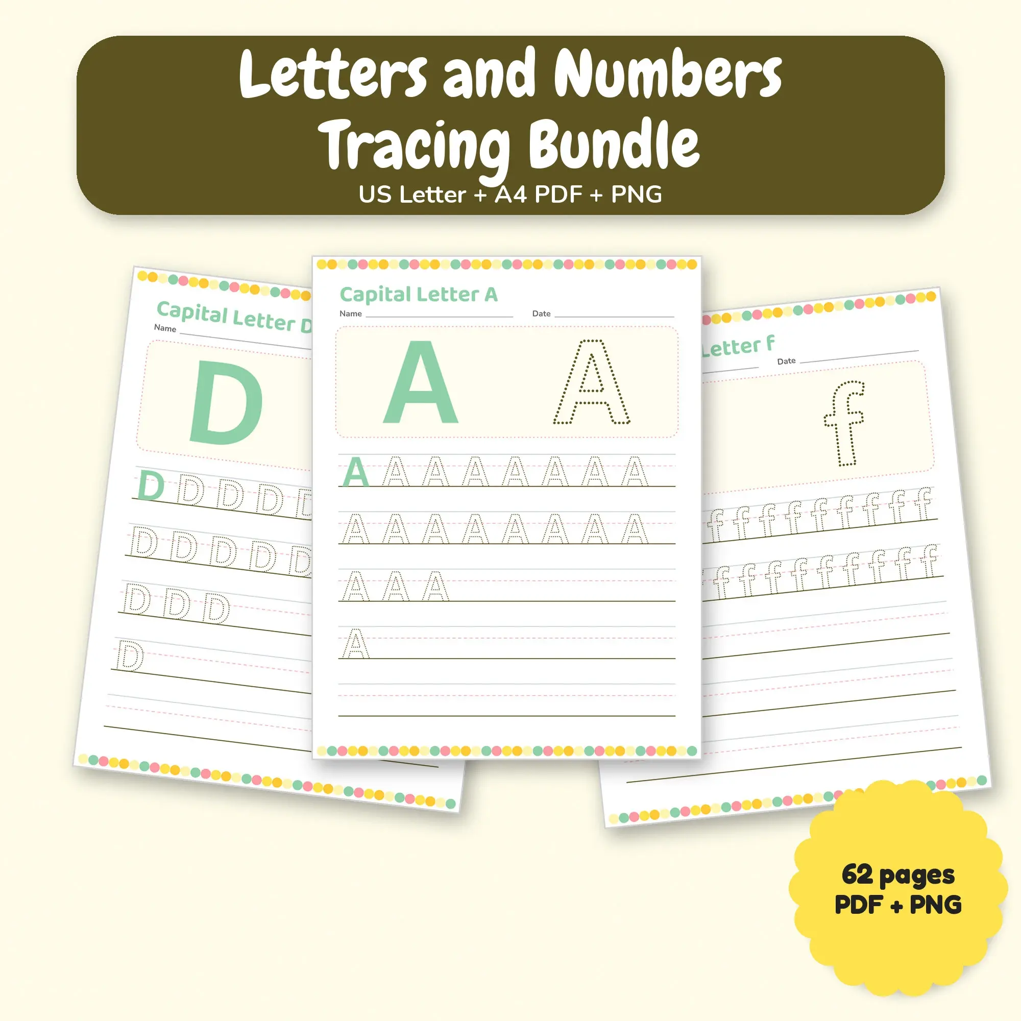 Letters and Numbers Tracing Bundle: 62 Worksheet Pages, Lemonade Theme PDF PNG preview