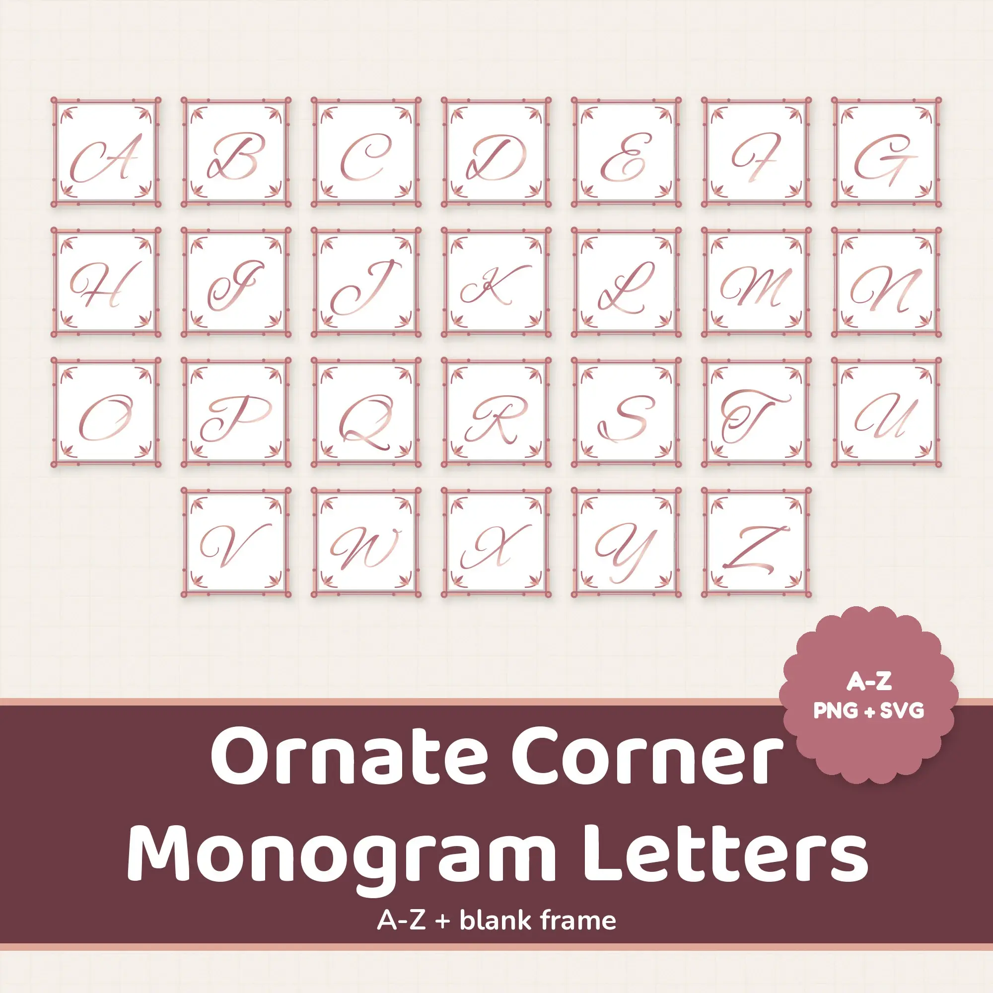 Ornate Corner Monogram Alphabet in Rose Gold, Delicate Calligraphy Initials PNG SVG preview
