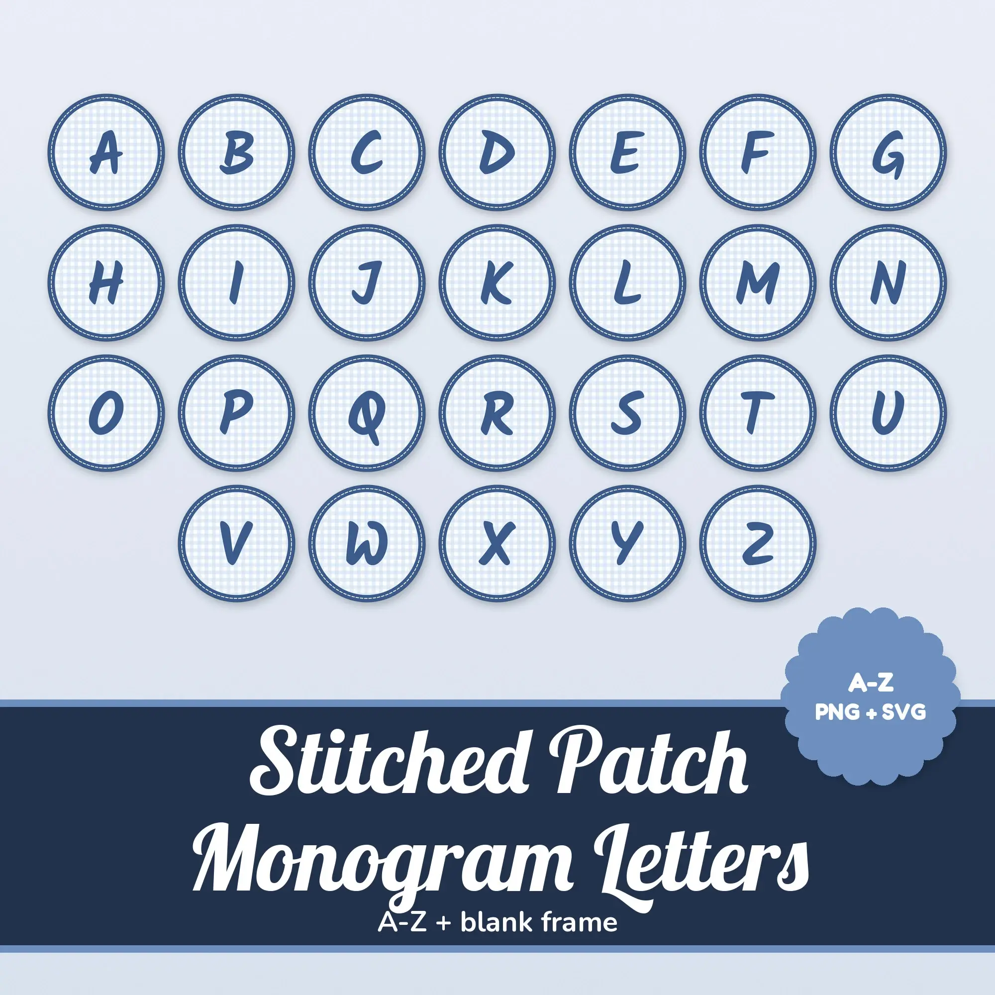 Stitched Patch Monogram Alphabet in Denim Blue, Handwritten Initials PNG SVG preview