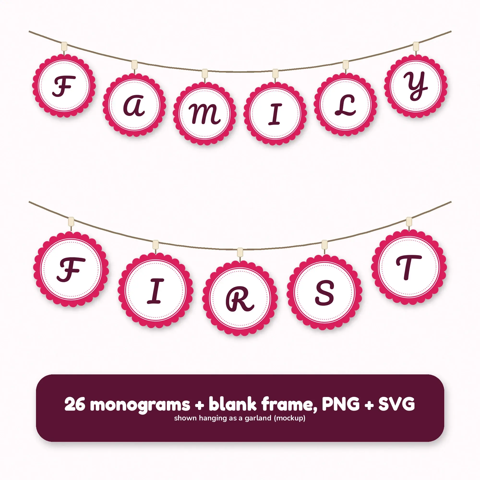 Scalloped Badge Monogram Alphabet in Berry Pink, Brush Script Initials PNG SVG, preview 2 of 2