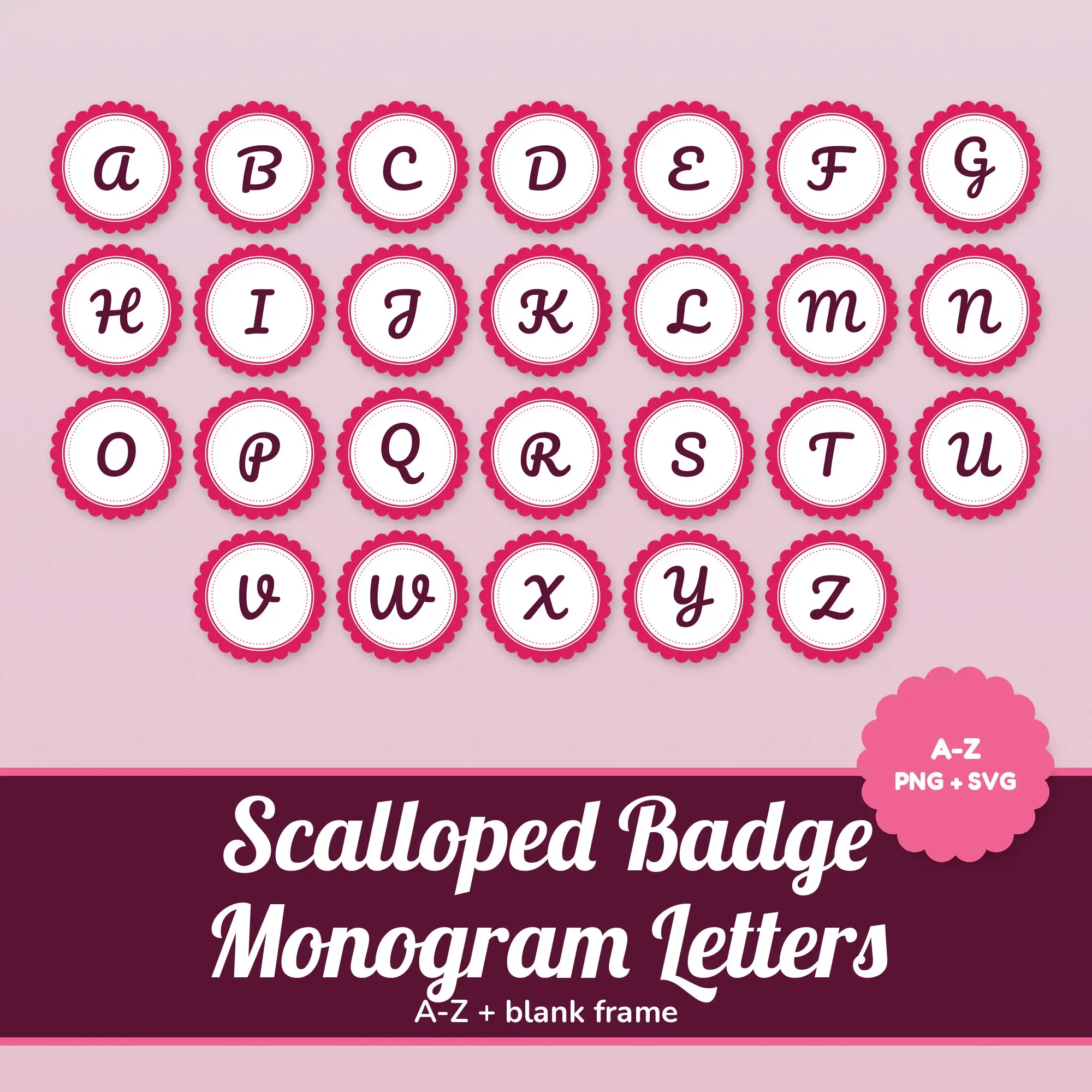 Scalloped Badge Monogram Alphabet in Berry Pink, Brush Script Initials PNG SVG preview