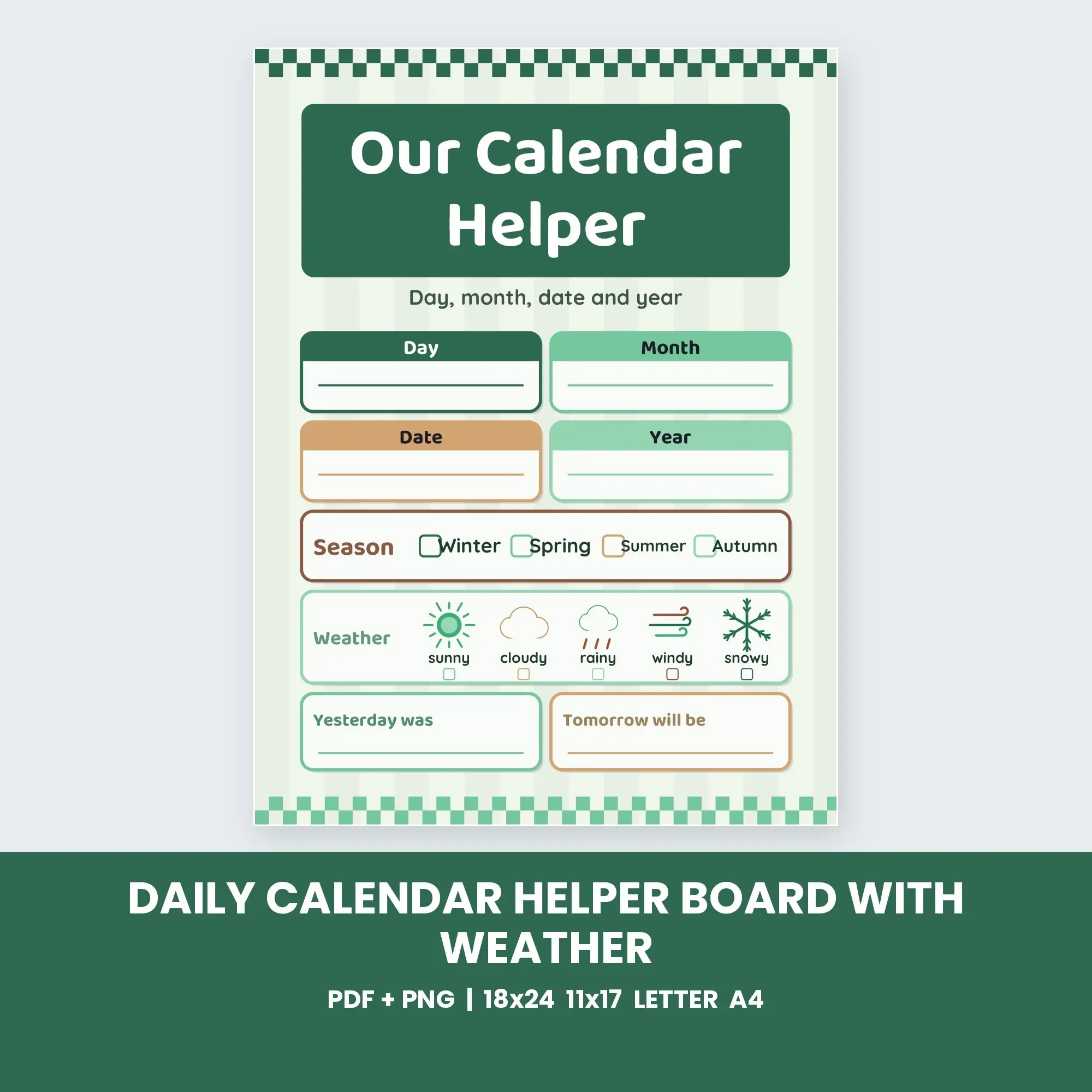 Daily Calendar Helper Board with Weather - Forest Green, preview 1 of 2