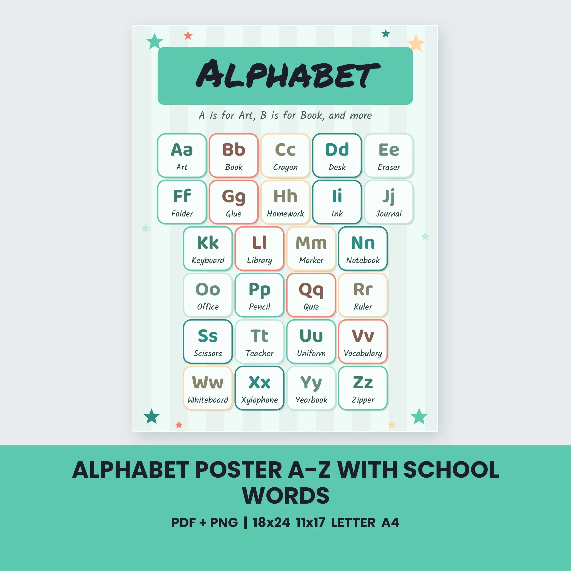 Alphabet Poster A-Z with School Words - Seafoam Coral preview