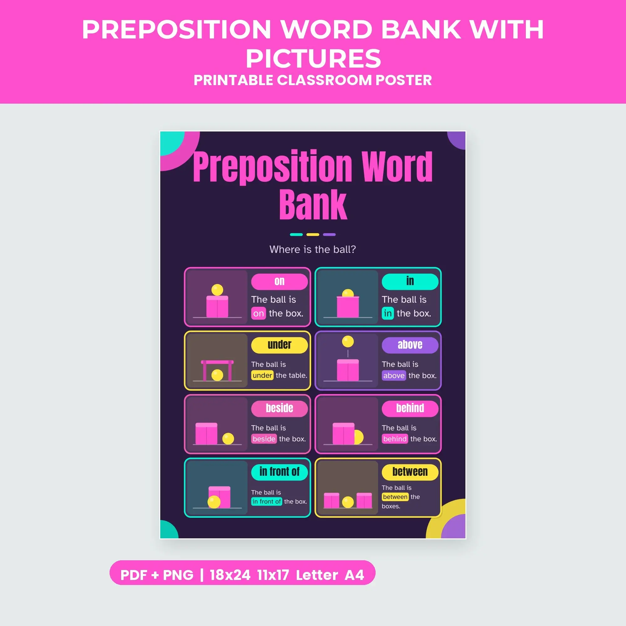 Preposition Word Bank with Pictures - Aubergine Neon preview