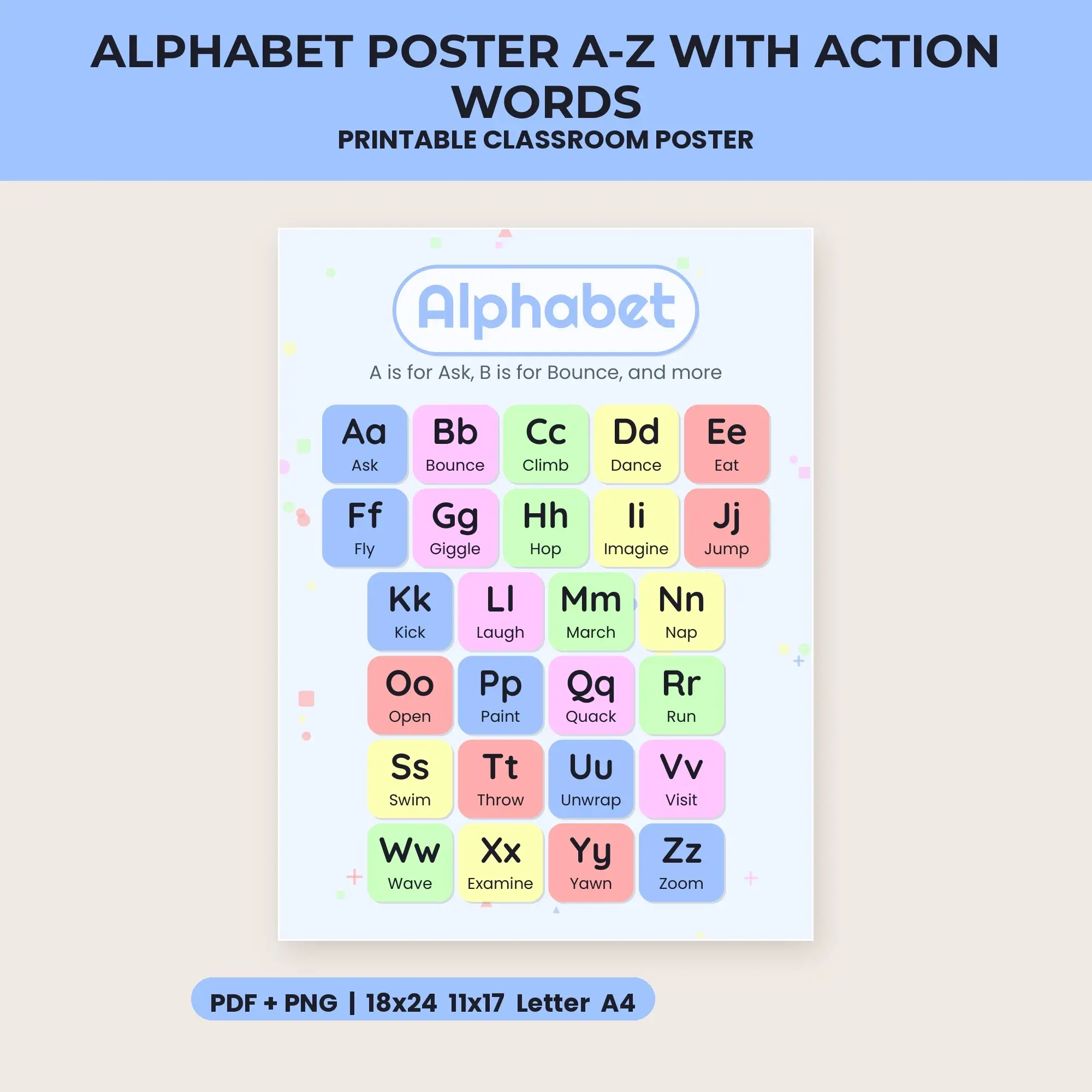 Alphabet Poster A-Z with Action Words - Cotton Candy Sky preview