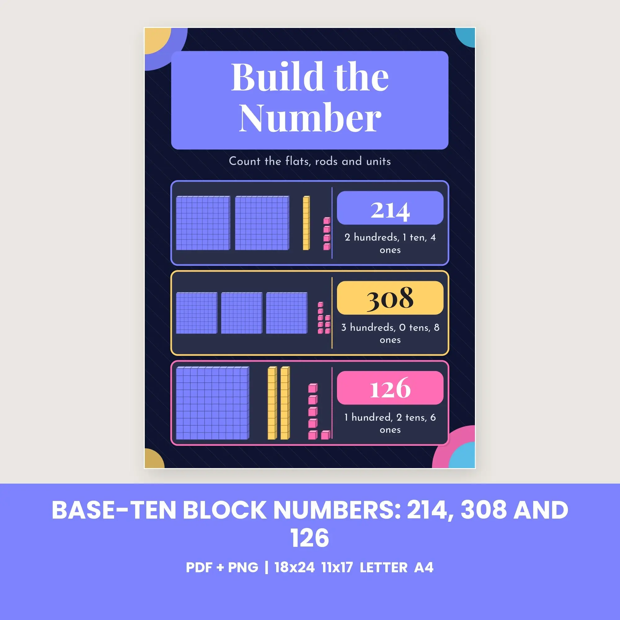Base-Ten Block Numbers: 214, 308 and 126 - Midnight Galaxy preview