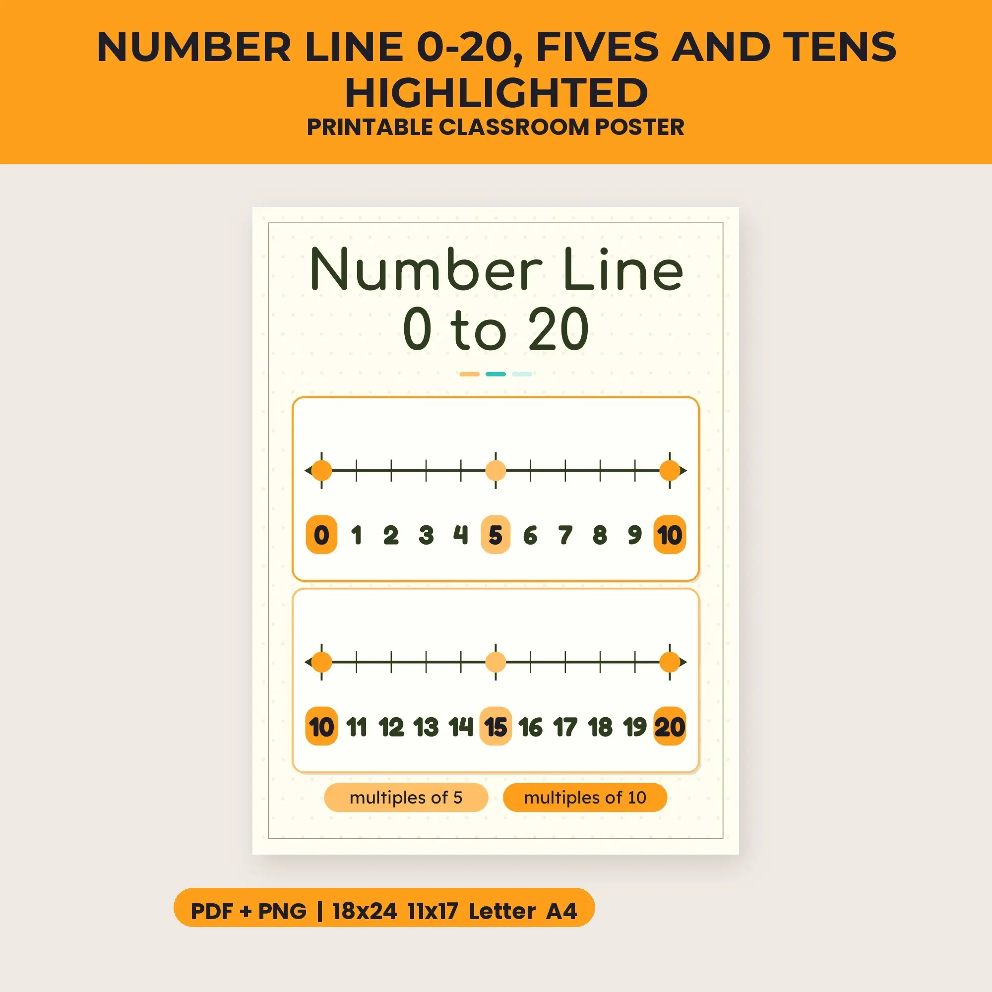 Number Line 0-20, Fives and Tens Highlighted - Citrus Pop preview