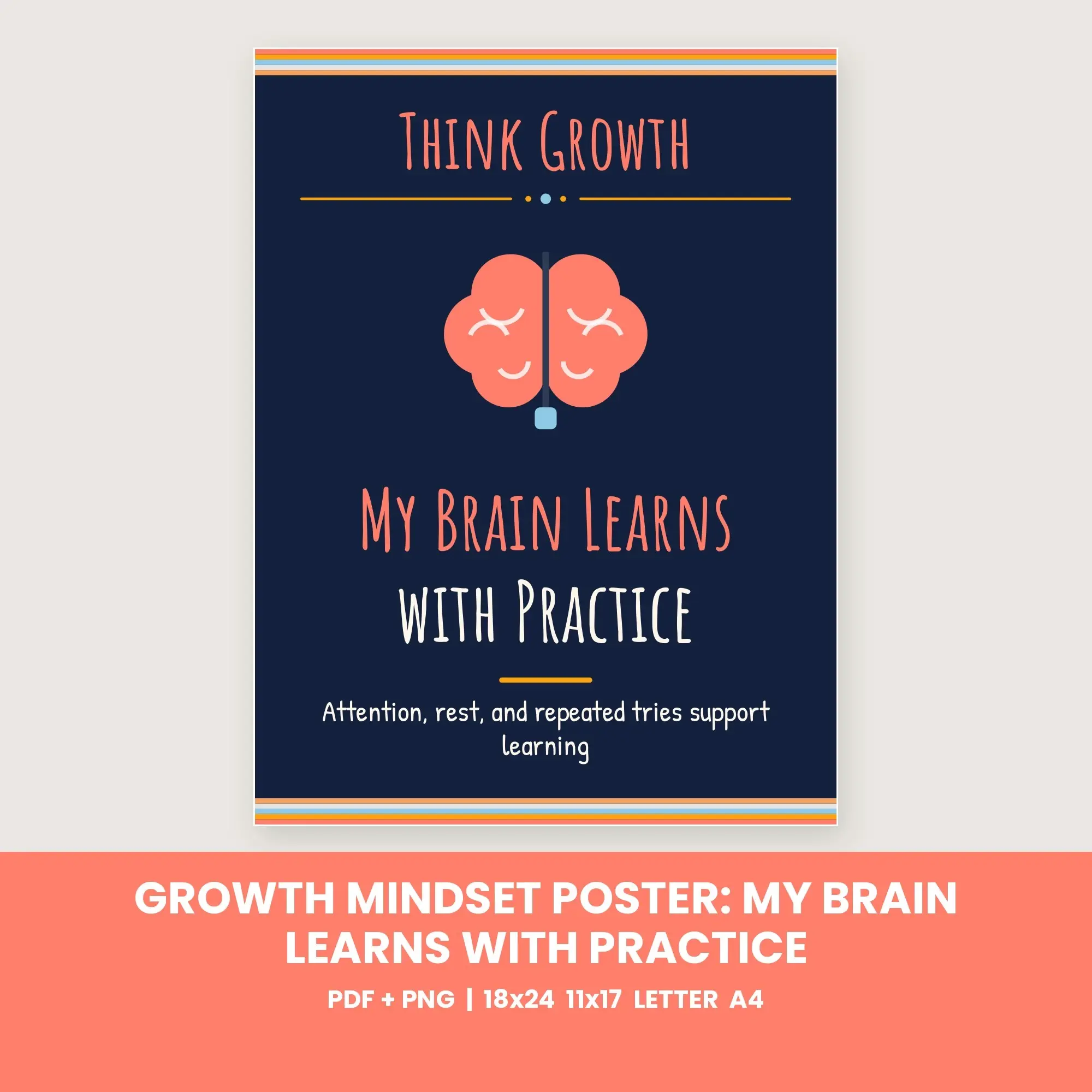 Growth Mindset Poster: My Brain Learns with Practice - Navy and Coral preview
