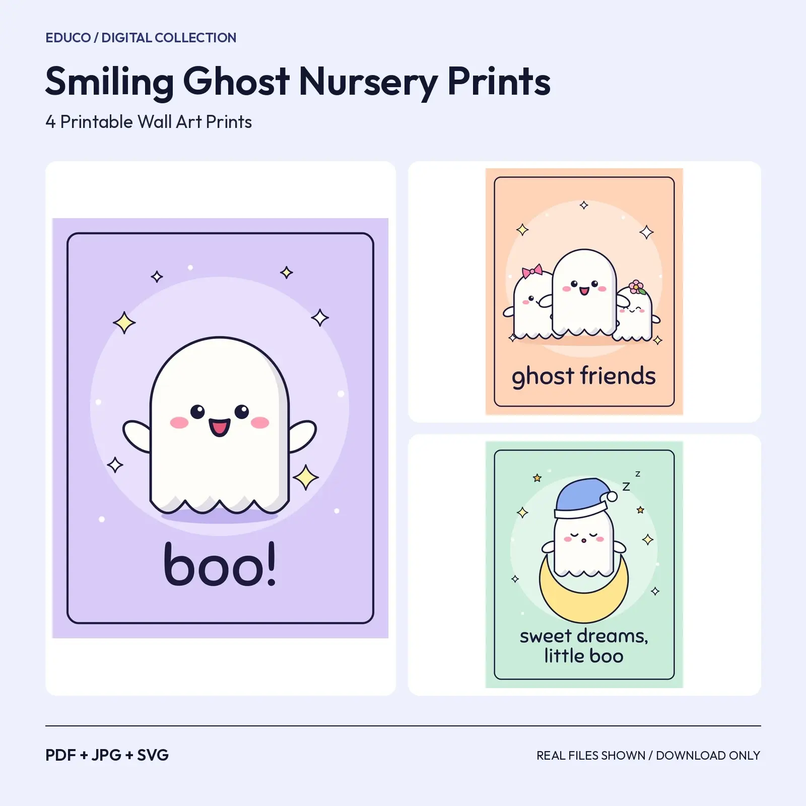 Smiling Ghost Nursery Prints – 4 Cute Halloween Printable Wall Art preview