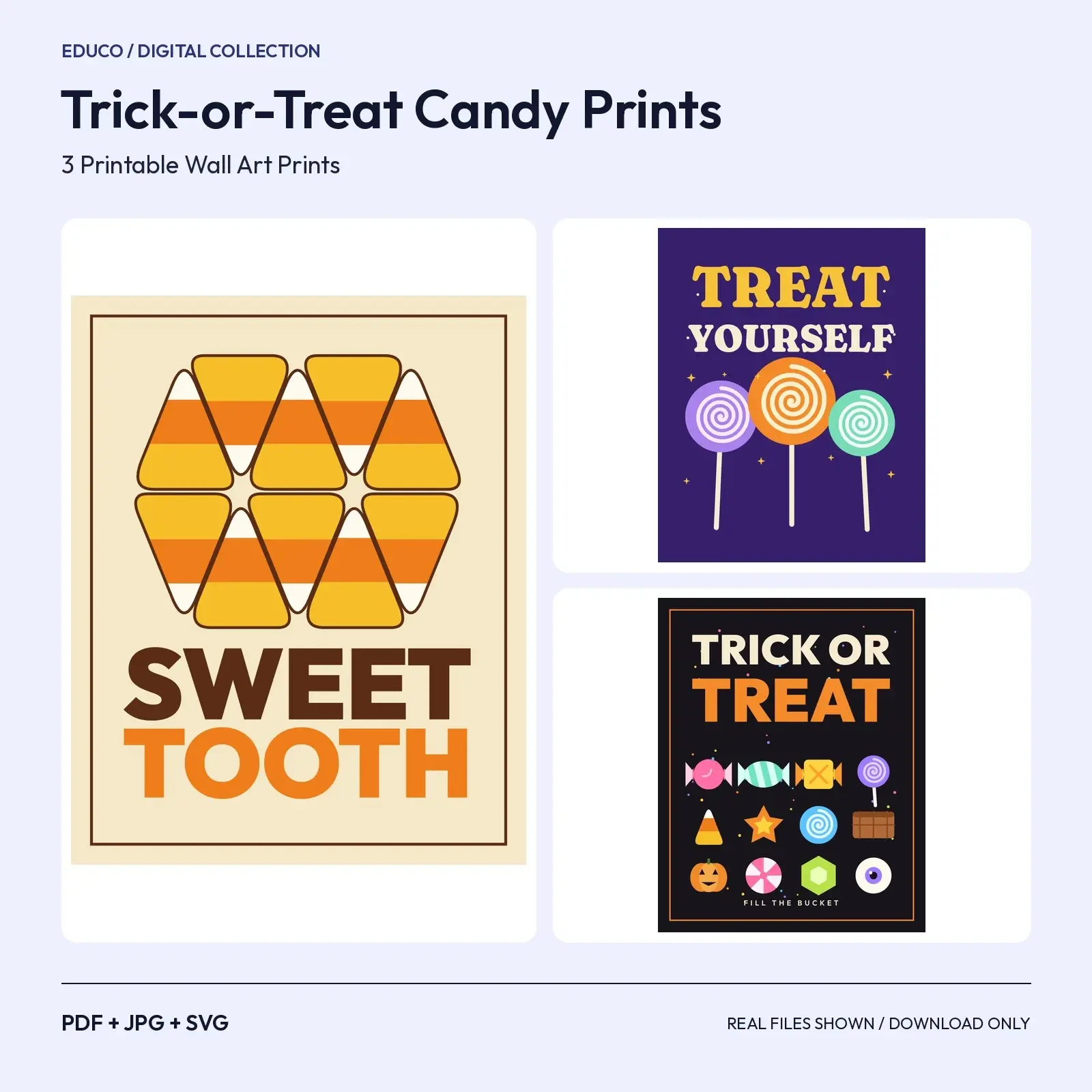 Trick-or-Treat Candy Prints – 3 Bright Printable Halloween Wall Art preview