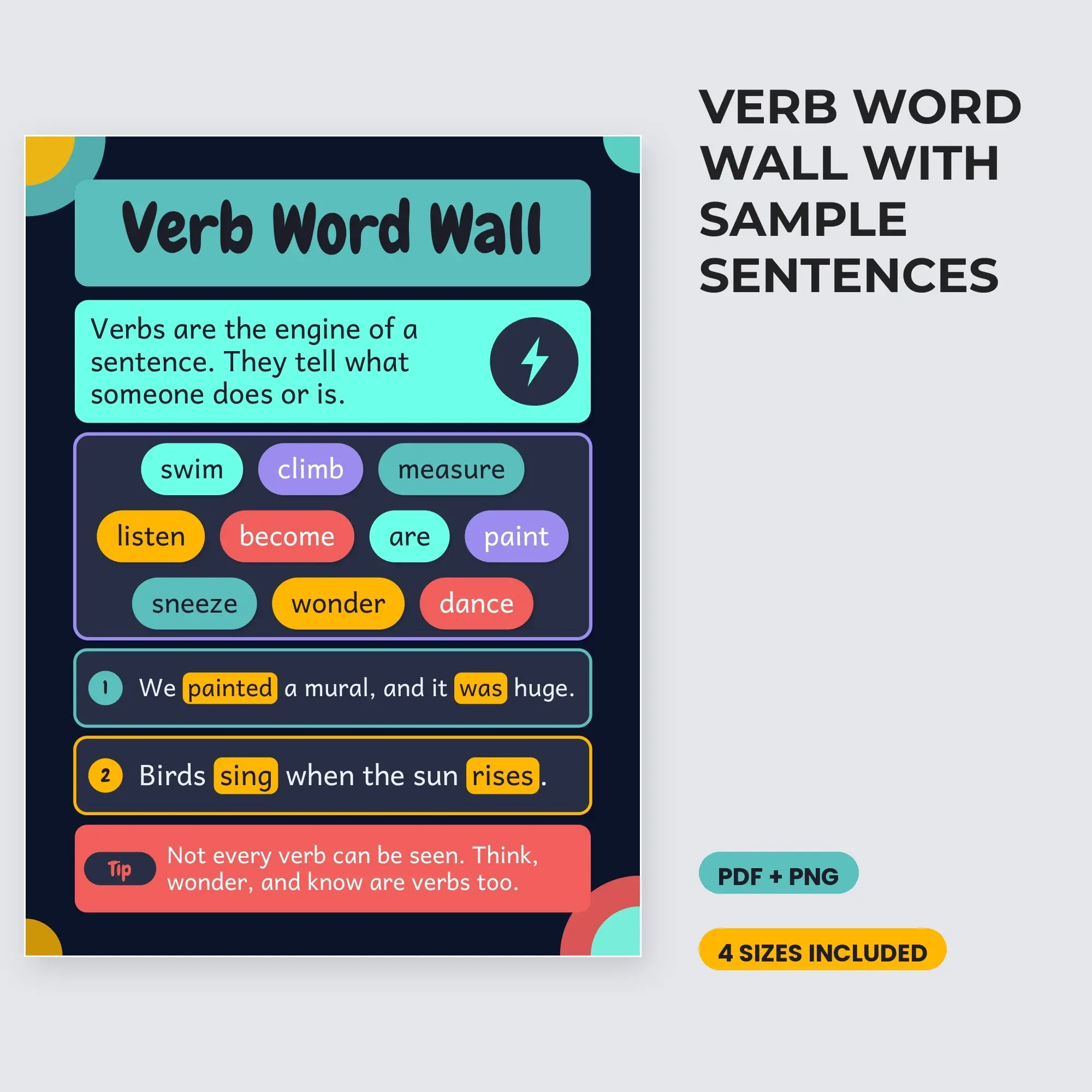Verb Word Wall with Sample Sentences - Deep Space preview