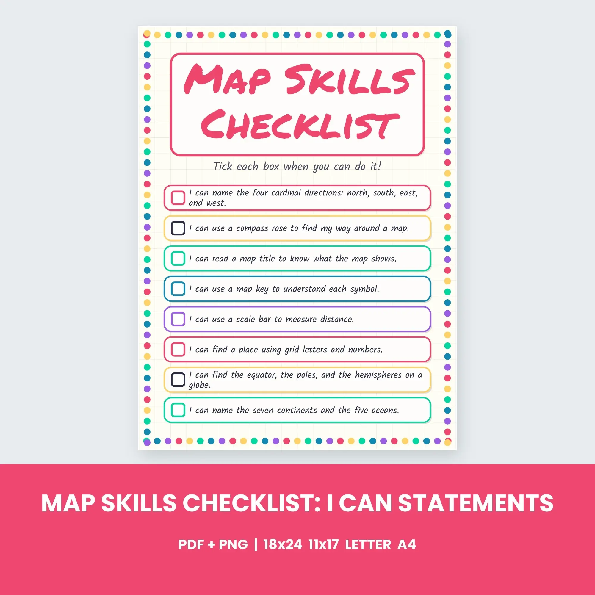 Map Skills Checklist: I Can Statements - Rainbow Brights preview