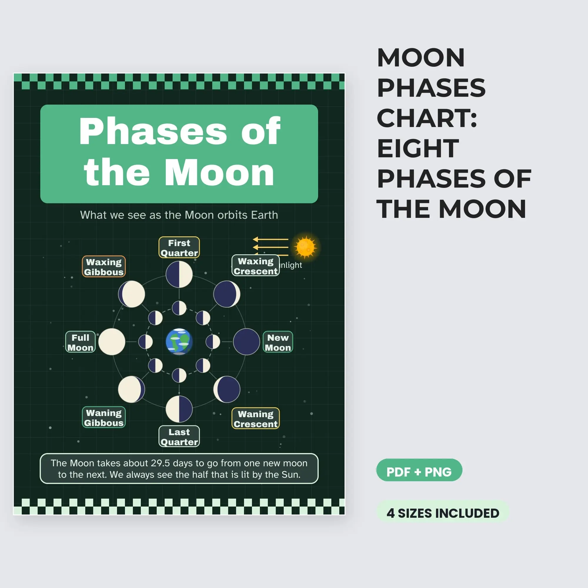 Moon Phases Chart: Eight Phases of the Moon - Forest Night preview