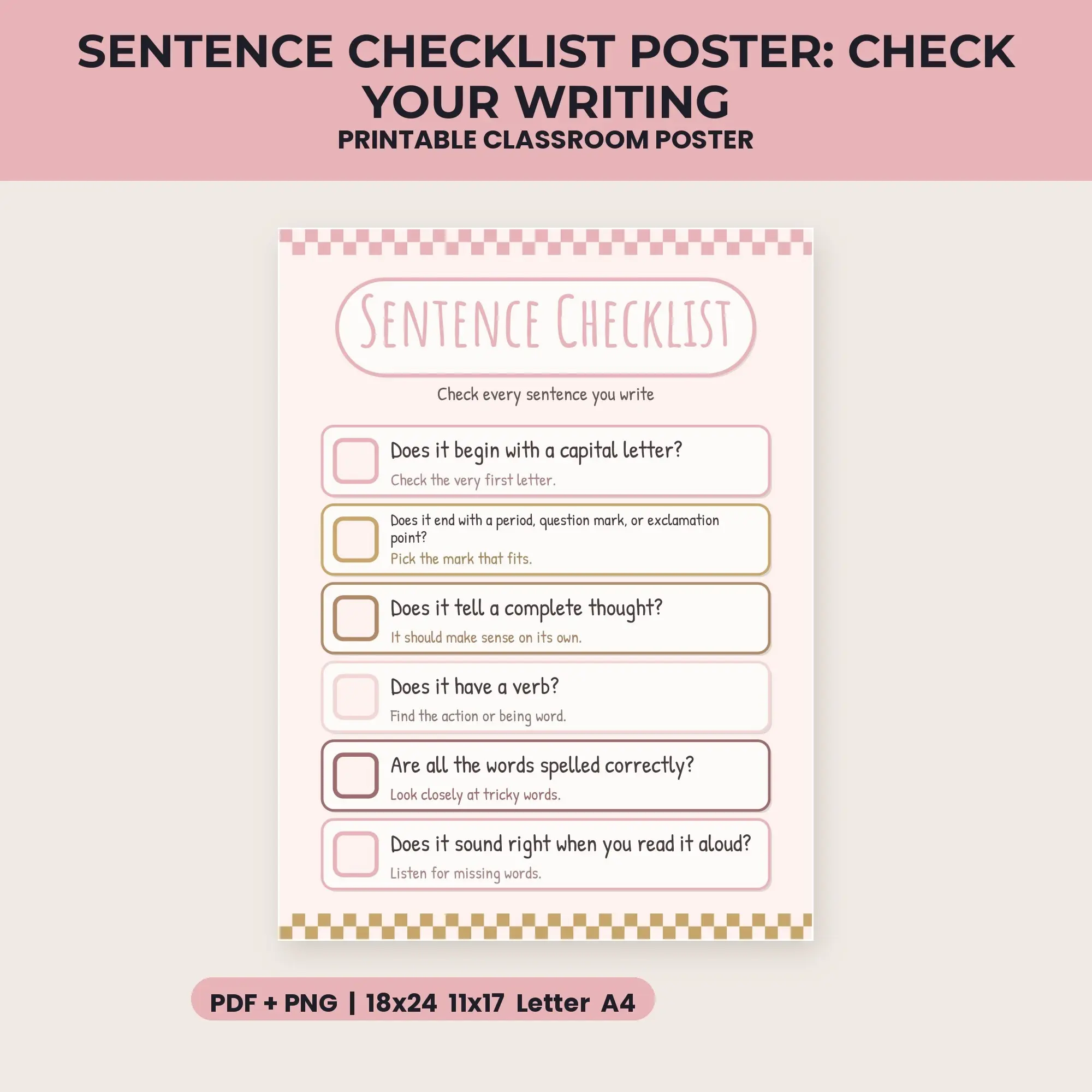 Sentence Checklist Poster: Check Your Writing - Blush and Gold preview