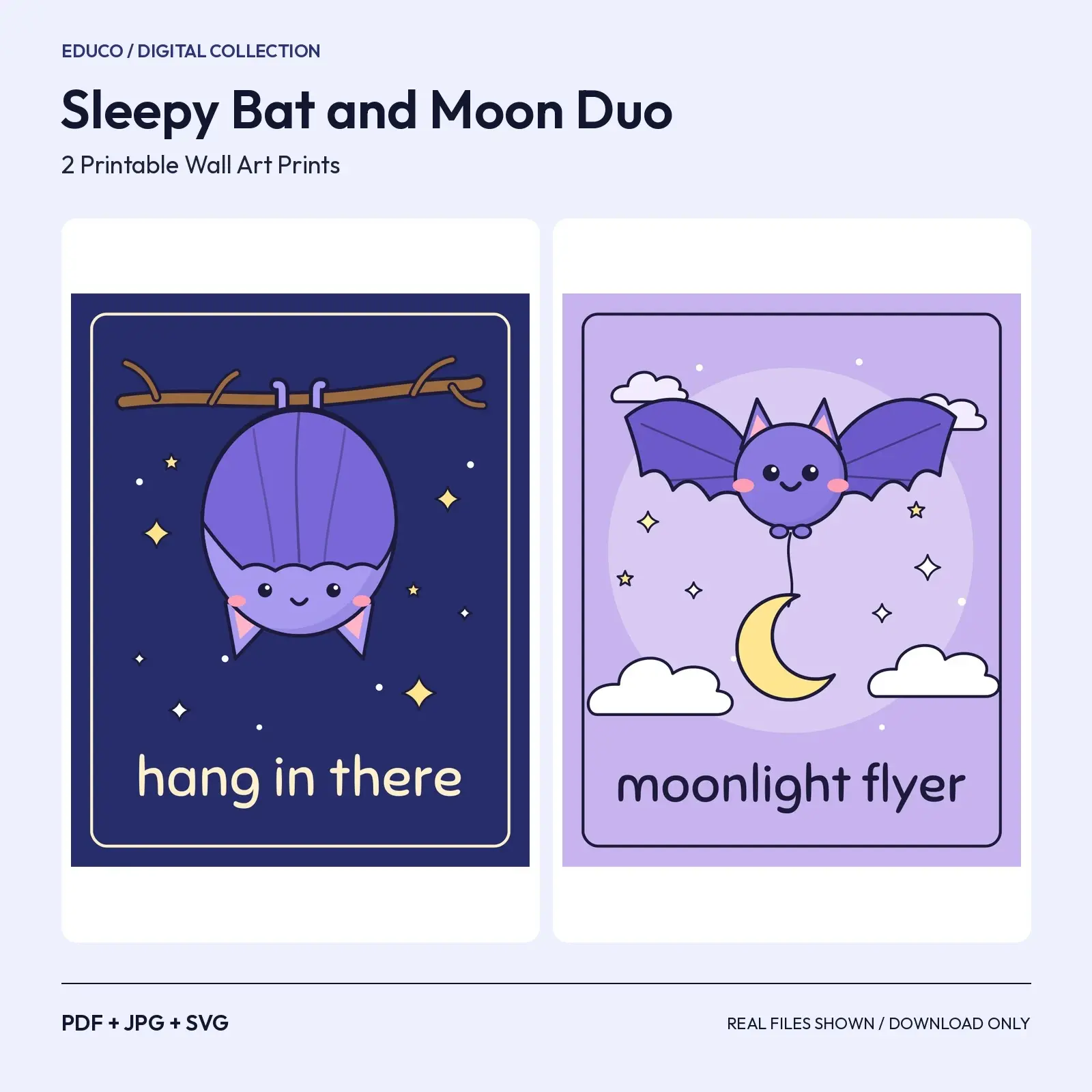 Sleepy Bat and Moon Duo – 2 Kids Room Halloween Printable Prints preview