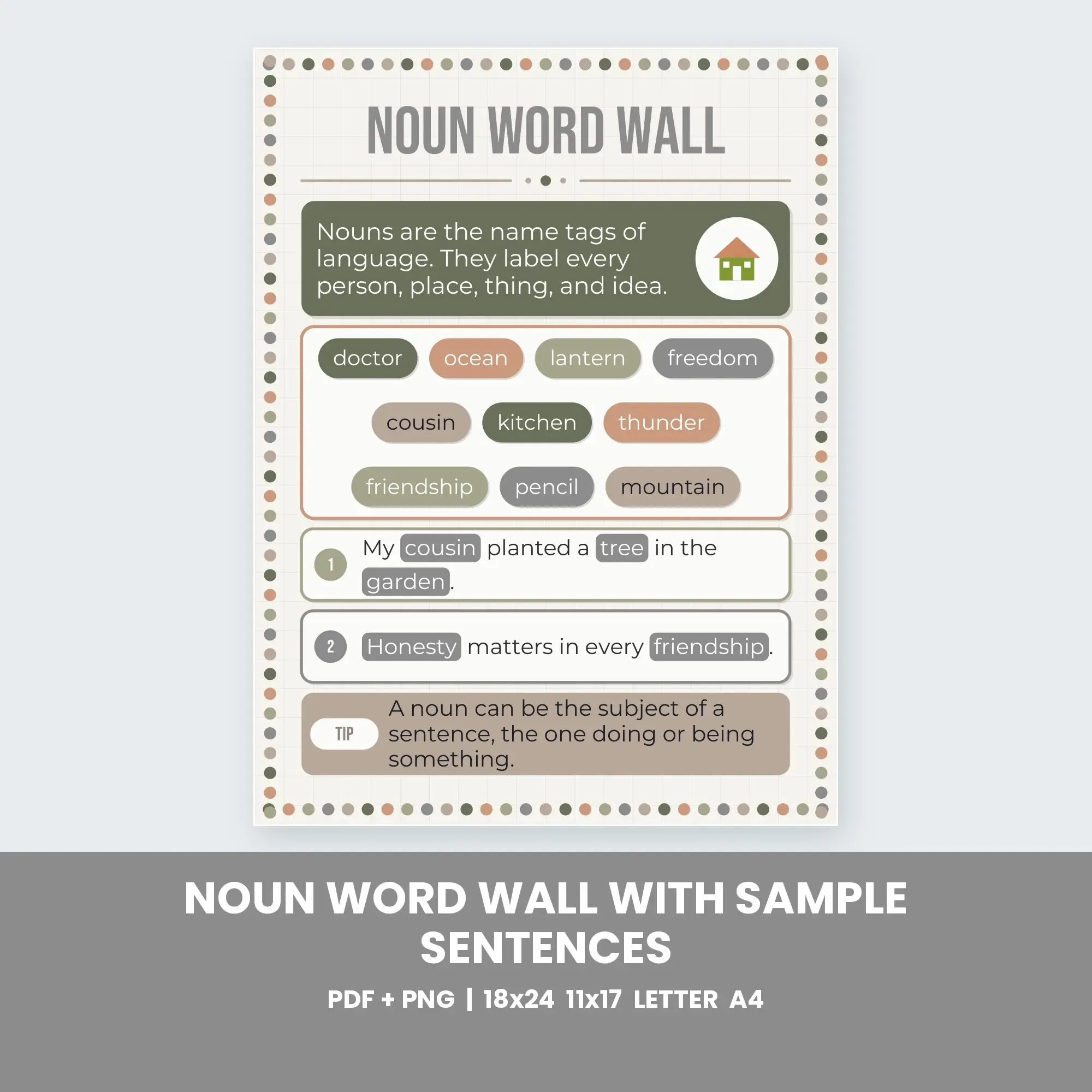 Noun Word Wall with Sample Sentences - Neutral Minimal preview
