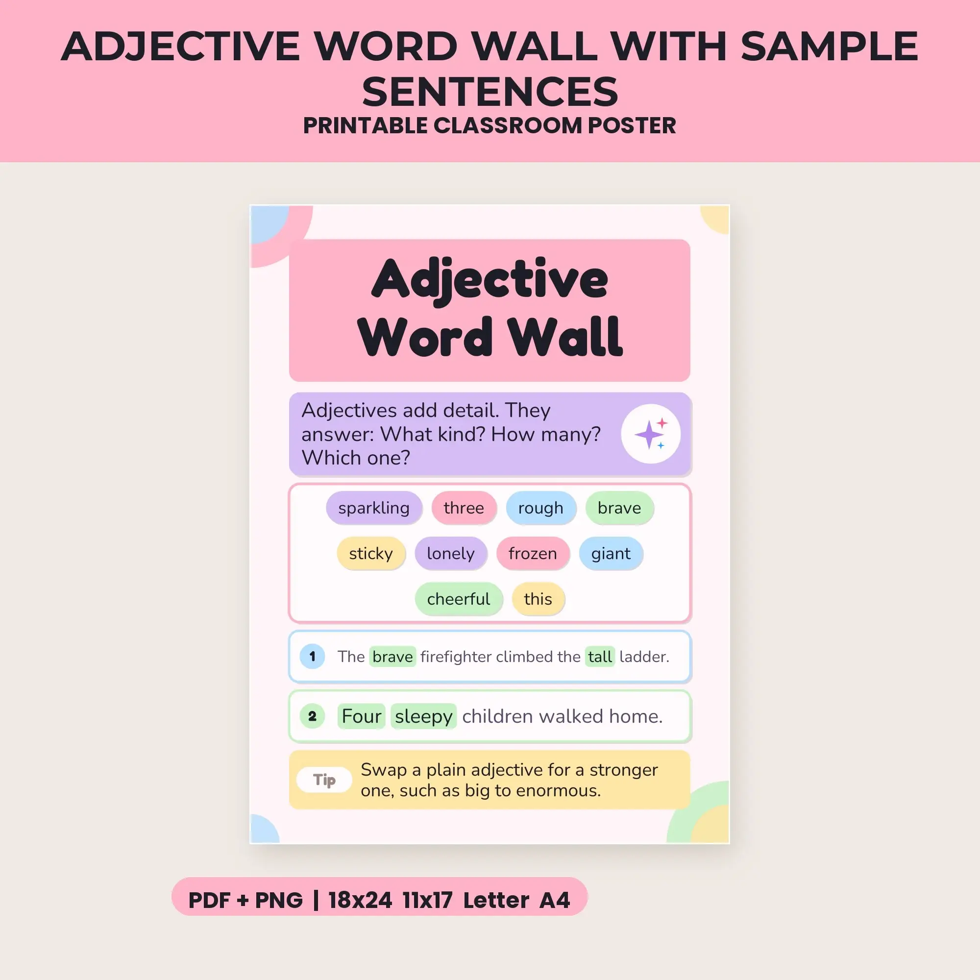 Adjective Word Wall with Sample Sentences - Pastel Candy preview