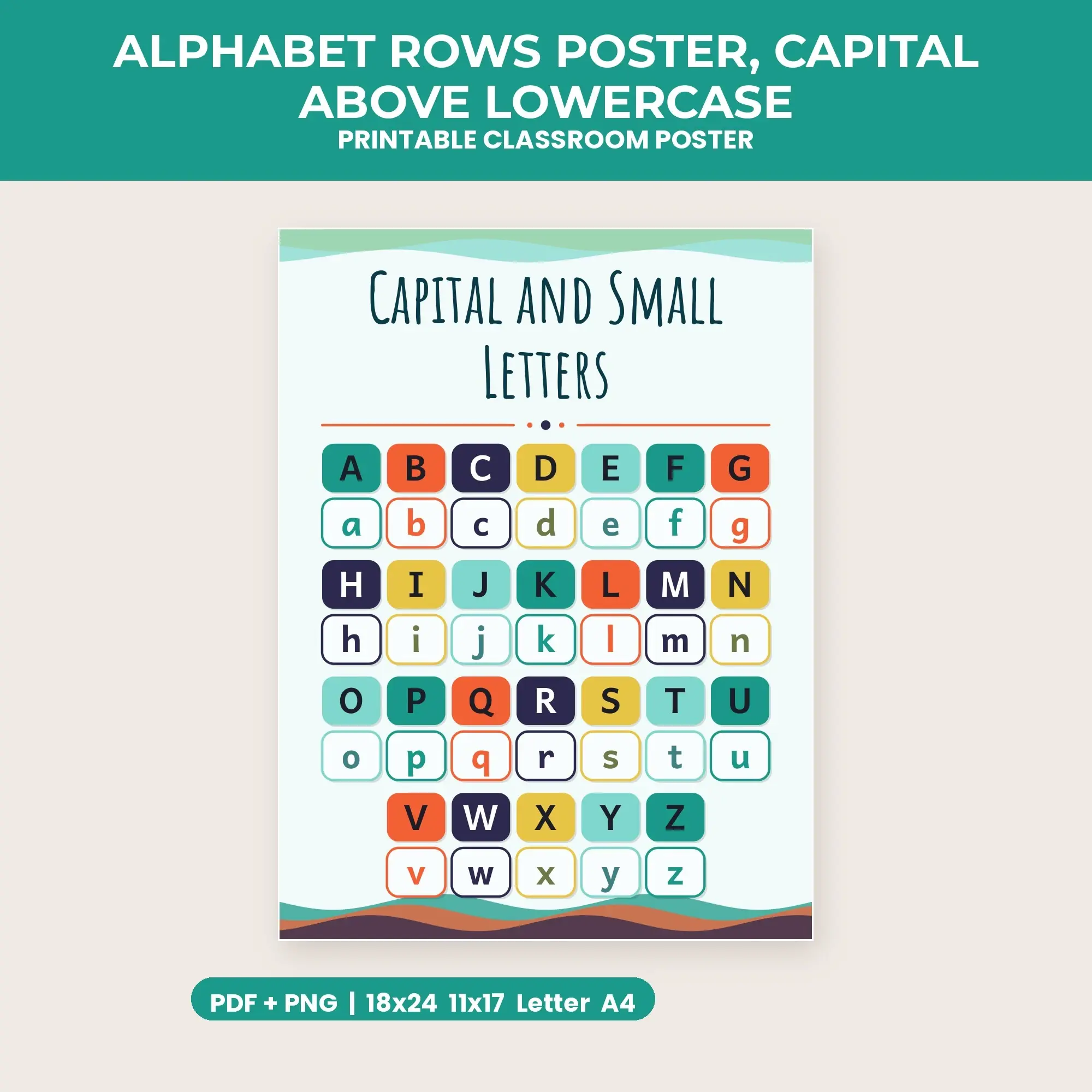 Alphabet Rows Poster, Capital Above Lowercase - Teal Tangerine preview