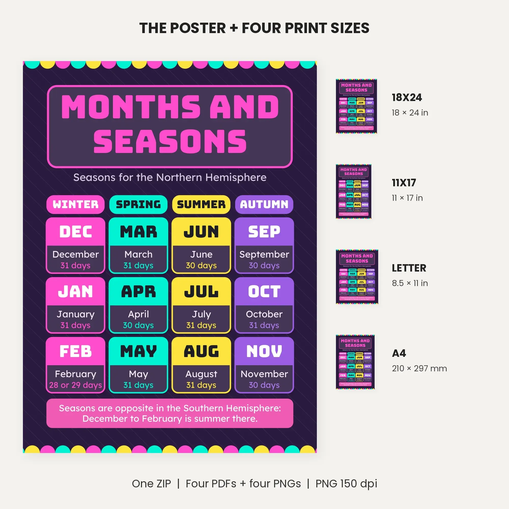 Months and Seasons Chart: Four Columns - Aubergine Neon, preview 2 of 2
