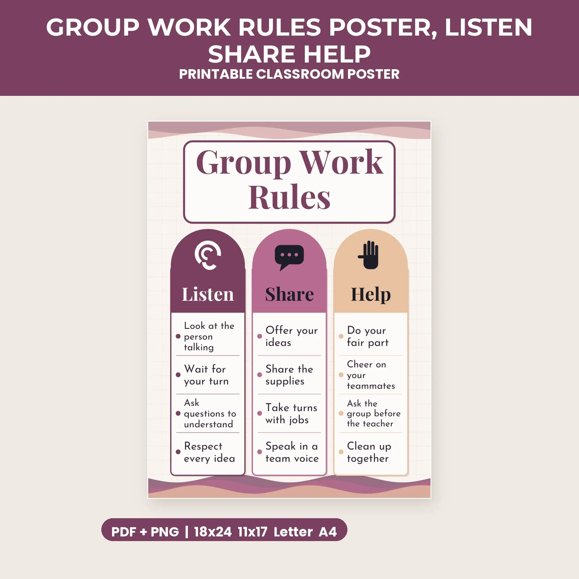 Group Work Rules Poster, Listen Share Help - Plum and Cream preview