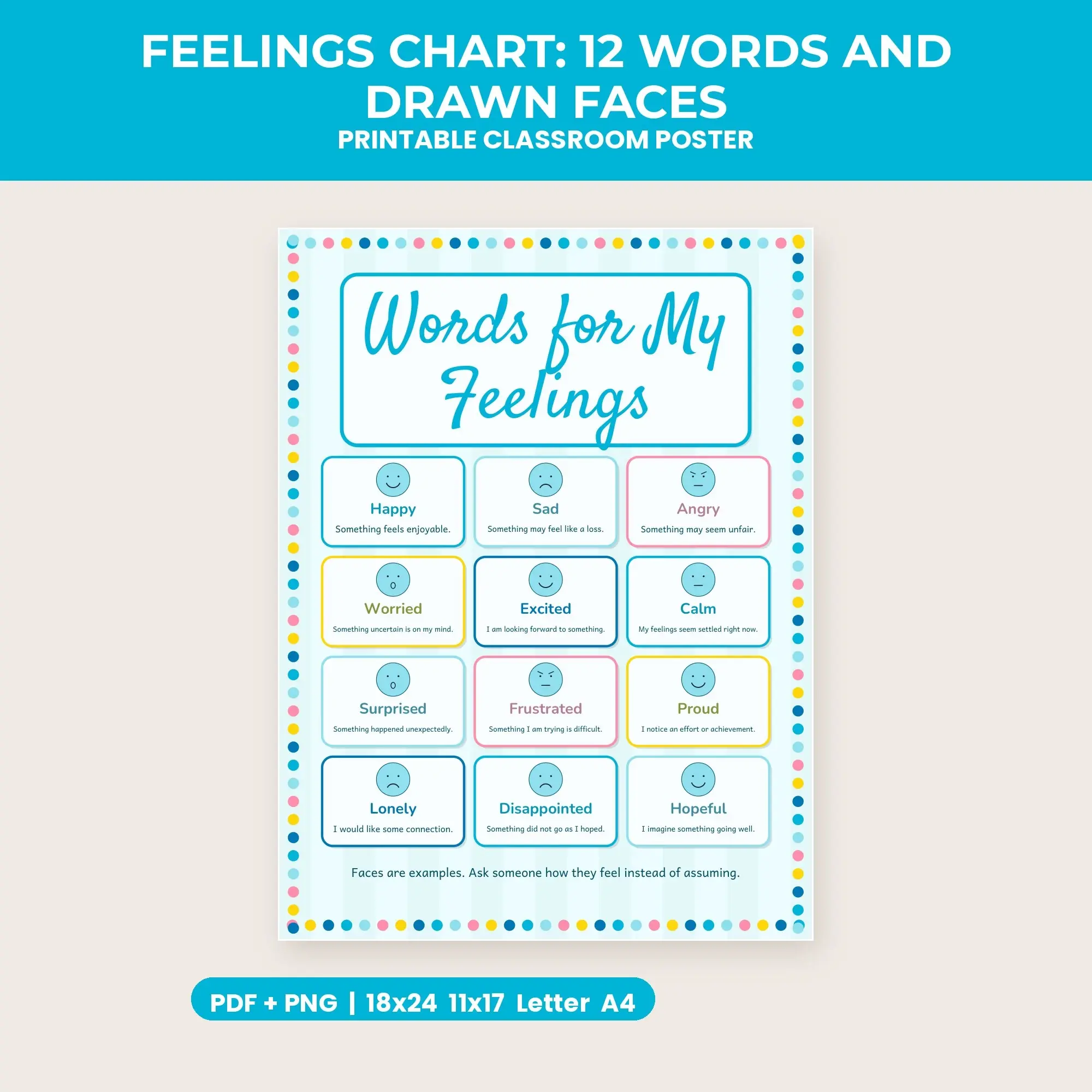 Feelings Chart: 12 Words and Drawn Faces - Pool Party preview