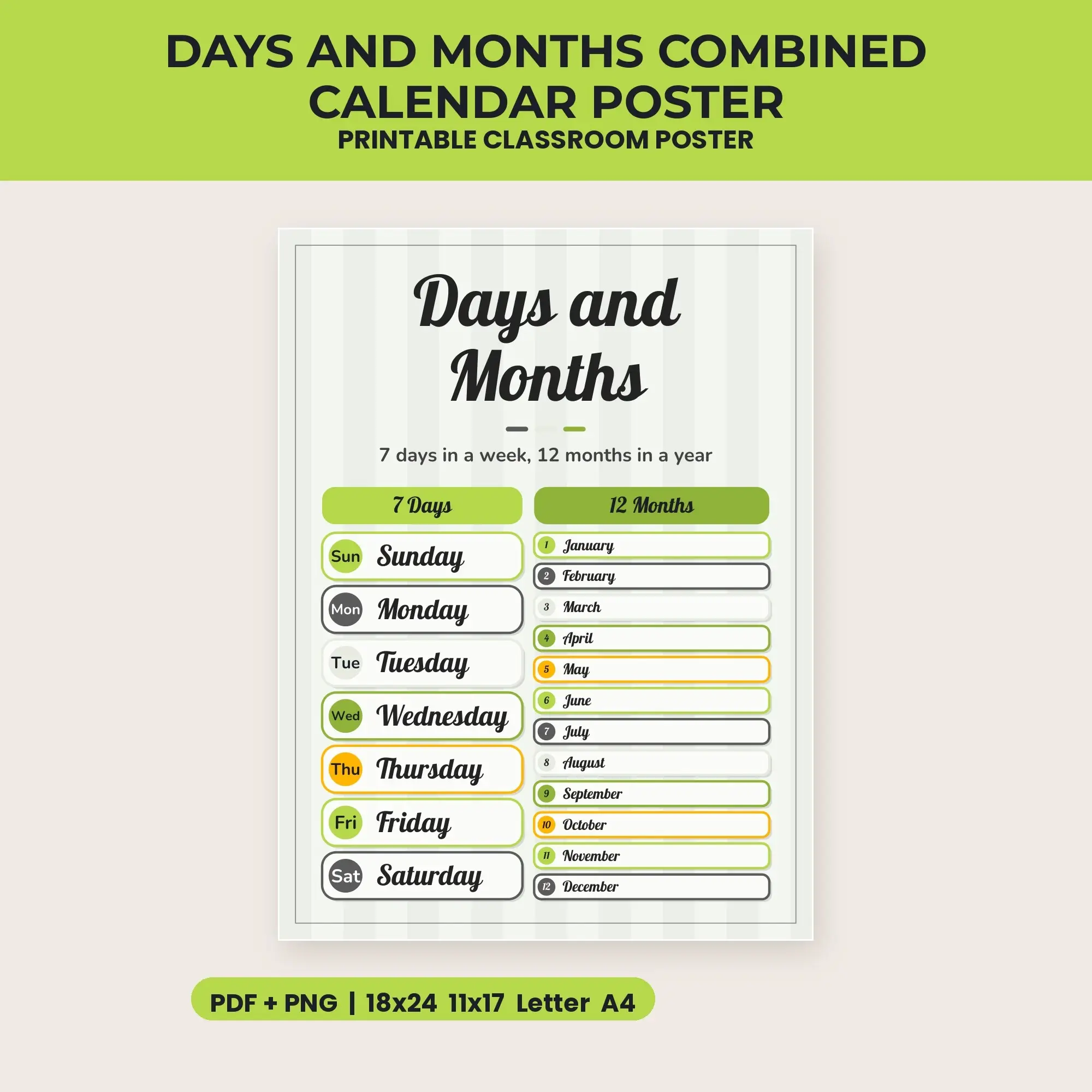 Days and Months Combined Calendar Poster - Graphite Lime preview