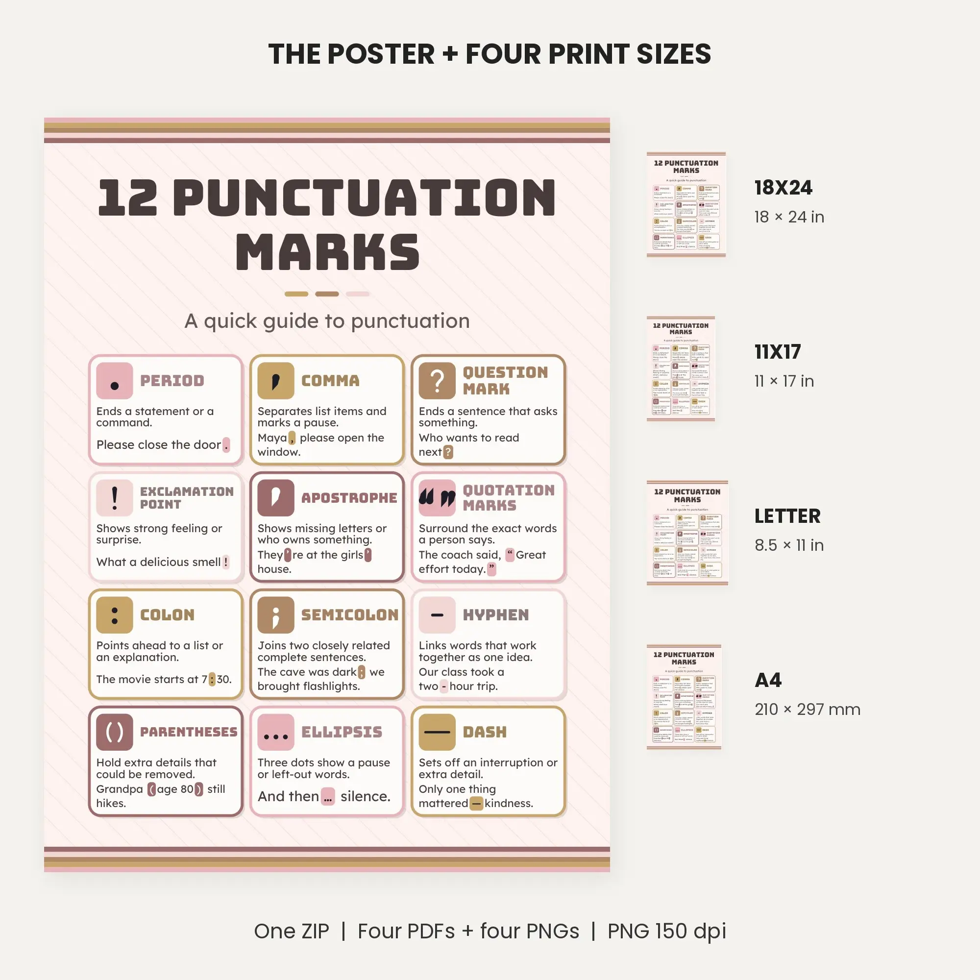 12 Punctuation Marks Poster with Examples - Blush and Gold, preview 2 of 2