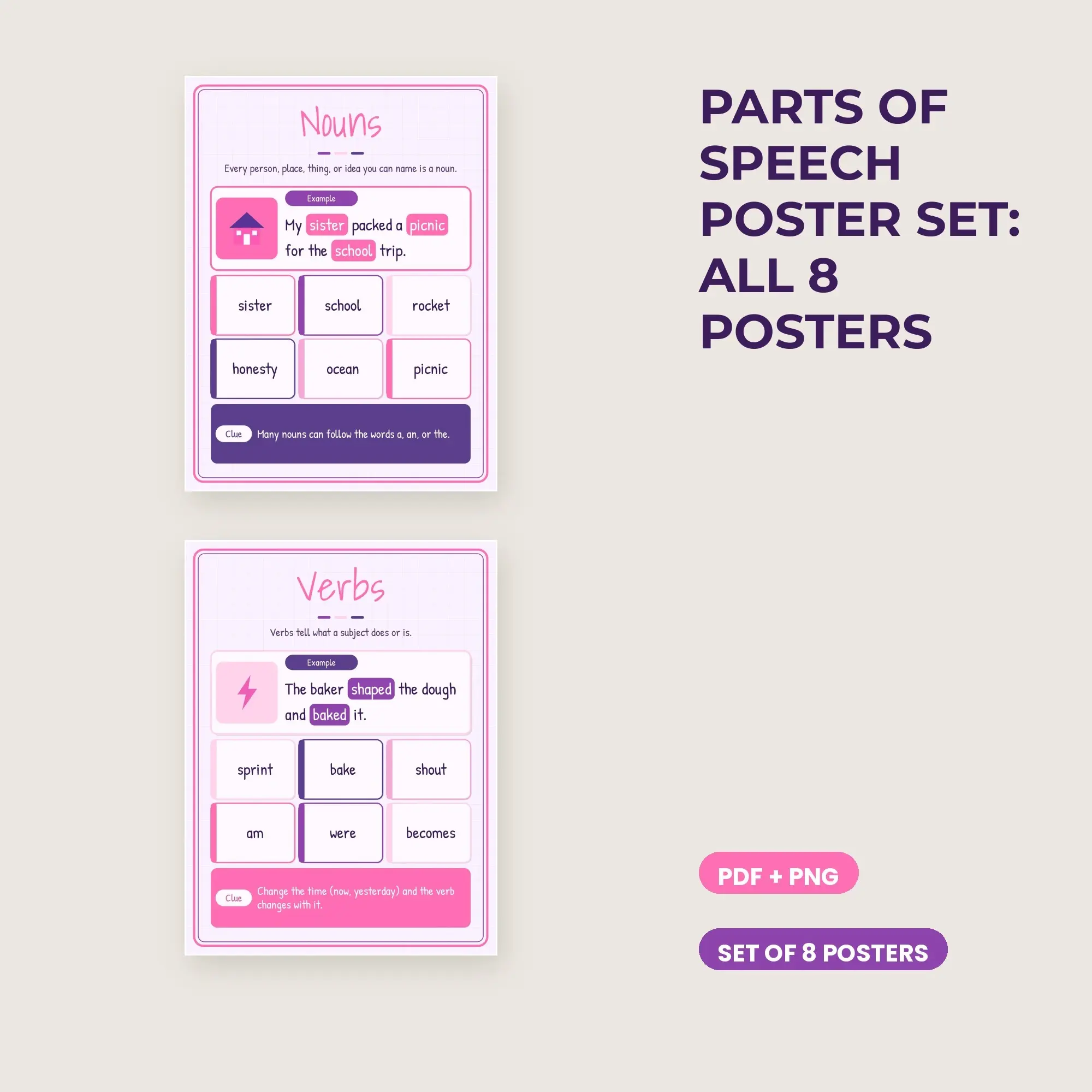 Parts of Speech Poster Set: All 8 Posters - Bubblegum Grape preview