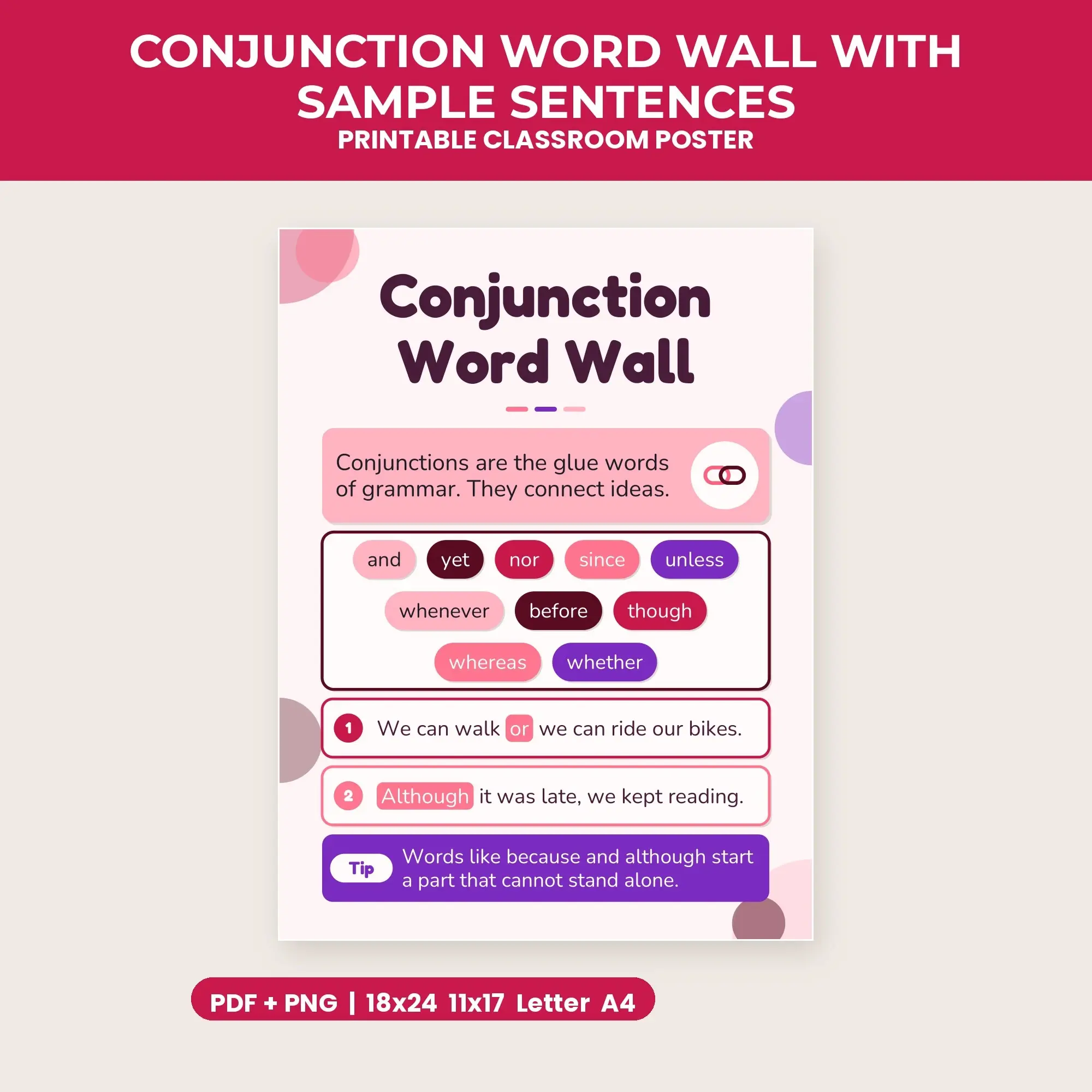 Conjunction Word Wall with Sample Sentences - Berry Bright preview