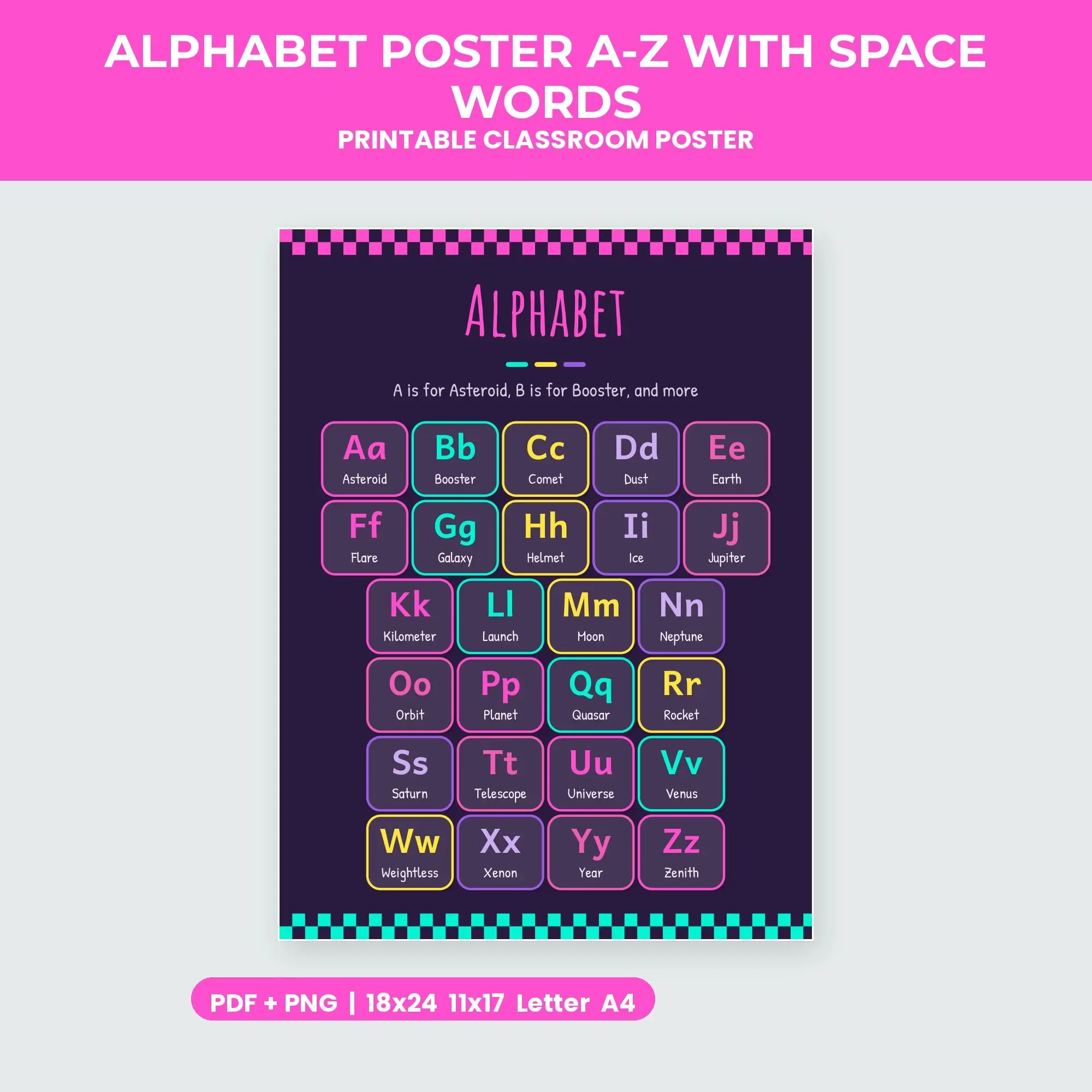 Alphabet Poster A-Z with Space Words - Aubergine Neon preview