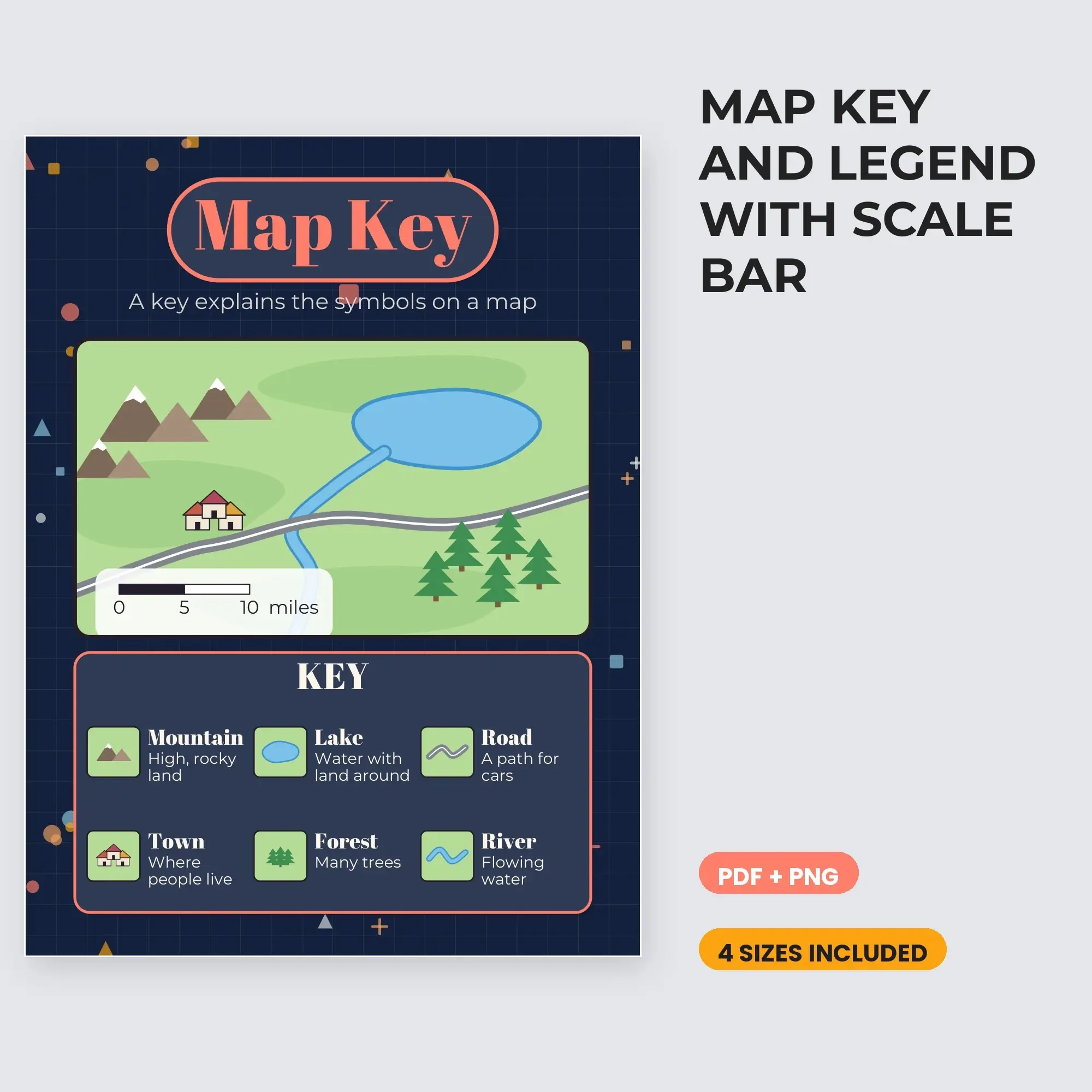 Map Key and Legend with Scale Bar - Navy and Coral preview