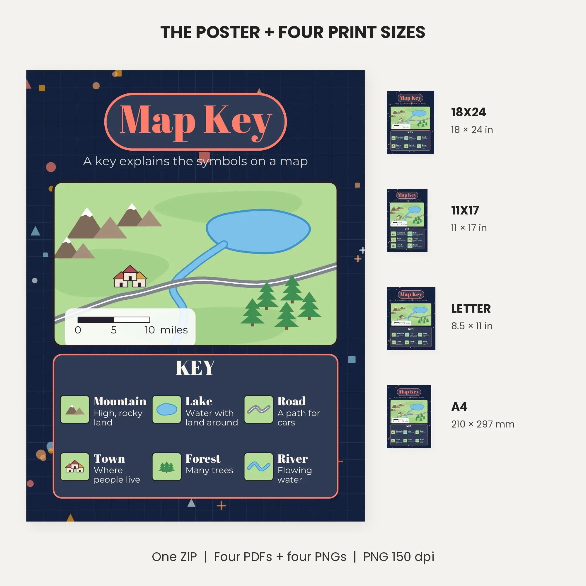 Map Key and Legend with Scale Bar - Navy and Coral, preview 2 of 2