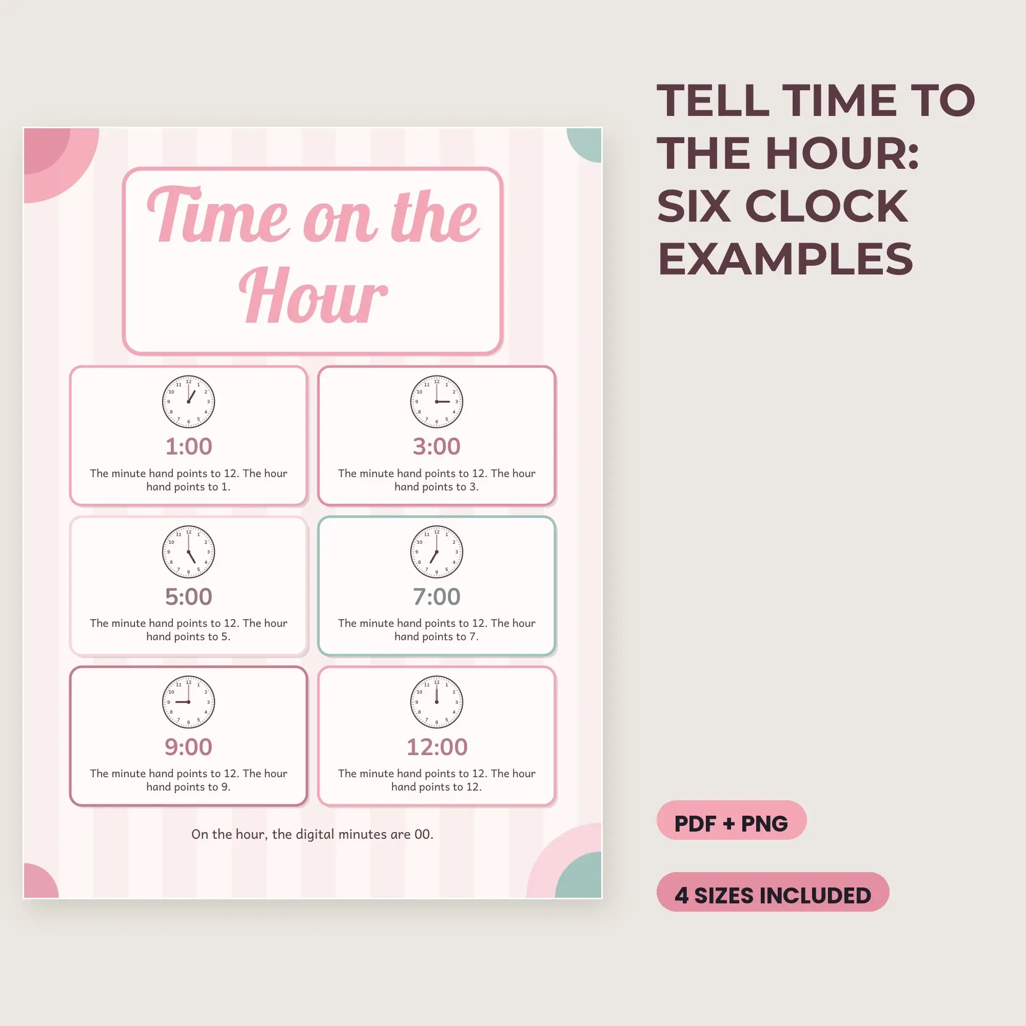 Tell Time to the Hour: Six Clock Examples - Cherry Blossom, preview 1 of 2